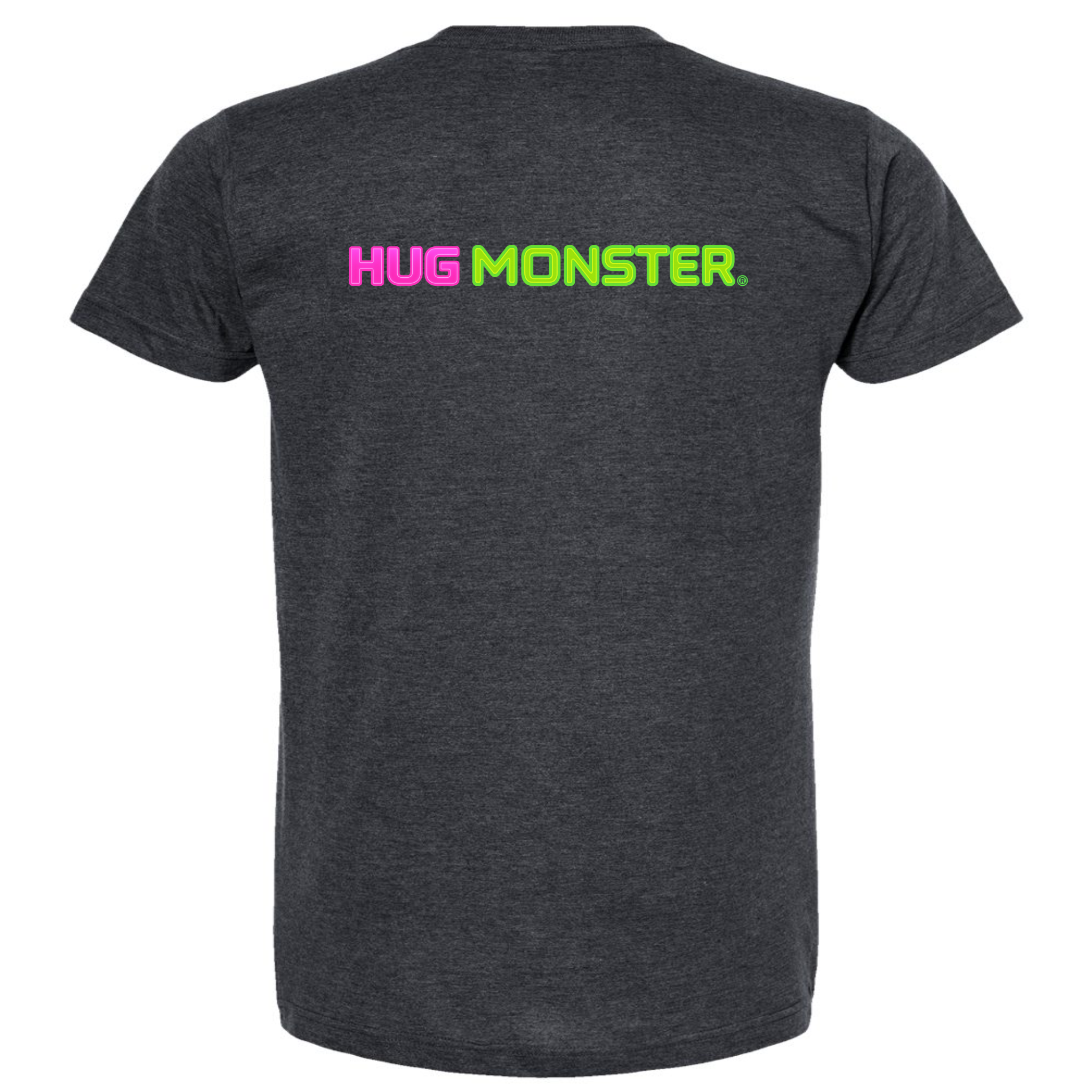 Hug Monster Neon Straight T-Shirt - Positive Message Graphic Tee in Heather Graphite – Back View
