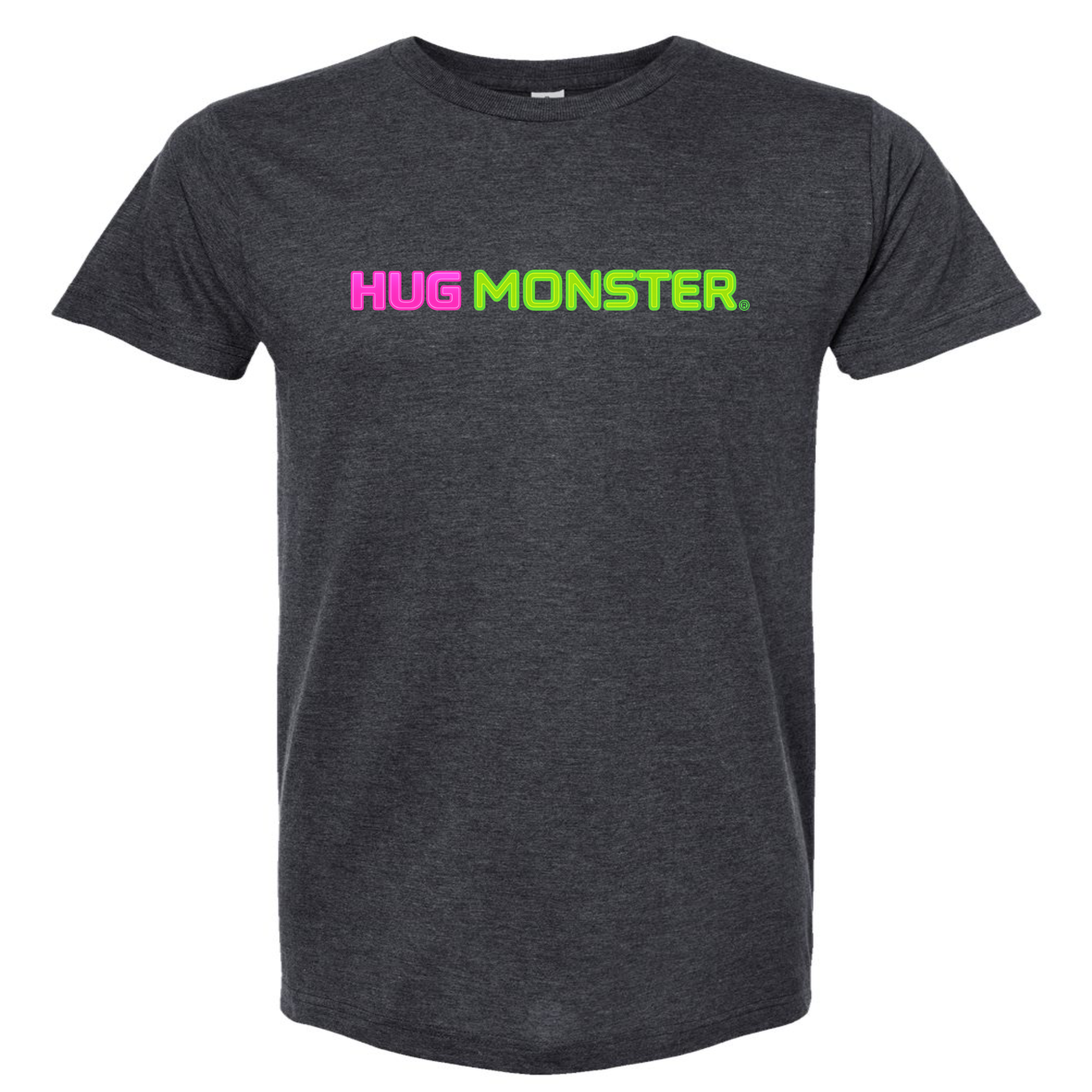 Hug Monster Neon Straight T-Shirt - Positive Message Graphic Tee in Heather Graphite – Front View