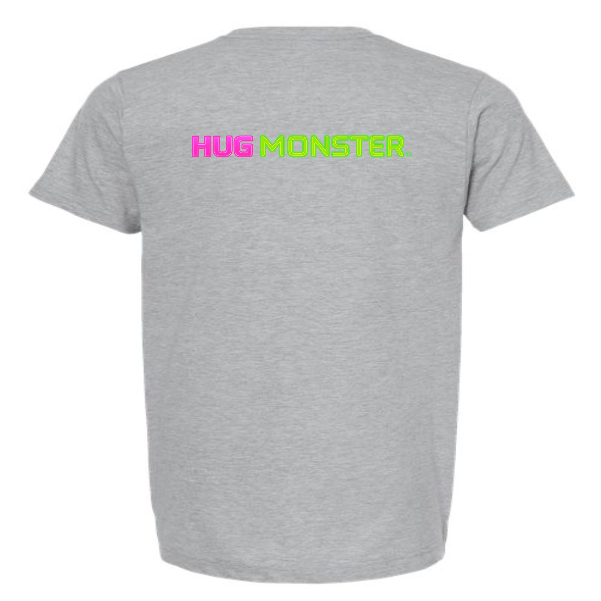 Hug Monster Neon Straight T-Shirt - Positive Message Graphic Tee in Heather Grey – Back View