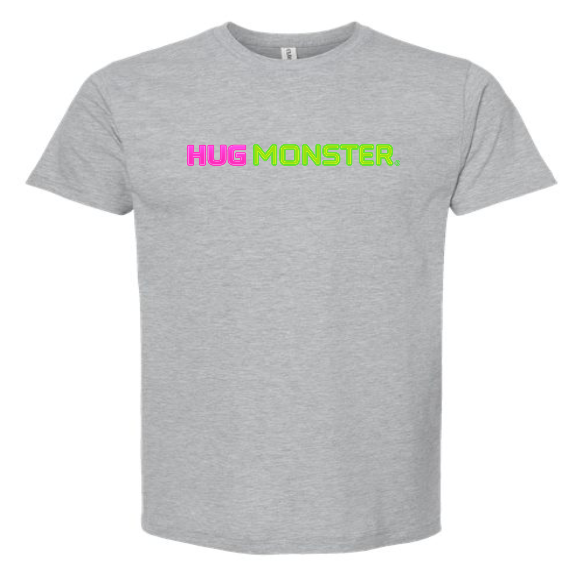 Hug Monster Neon Straight T-Shirt - Positive Message Graphic Tee in Heather Grey – Front View