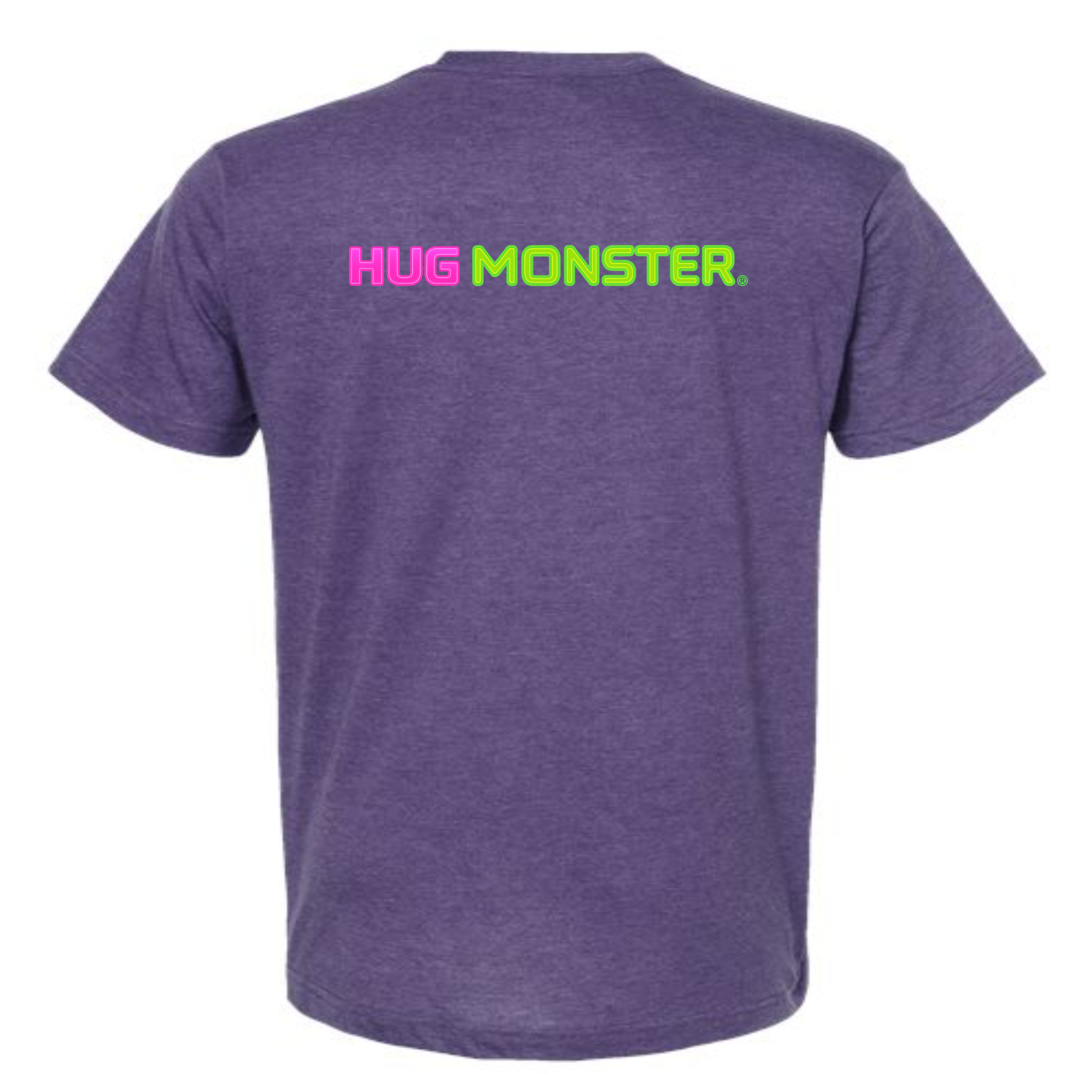 Hug Monster Neon Straight T-Shirt - Positive Message Graphic Tee in Heather Purple – Back View