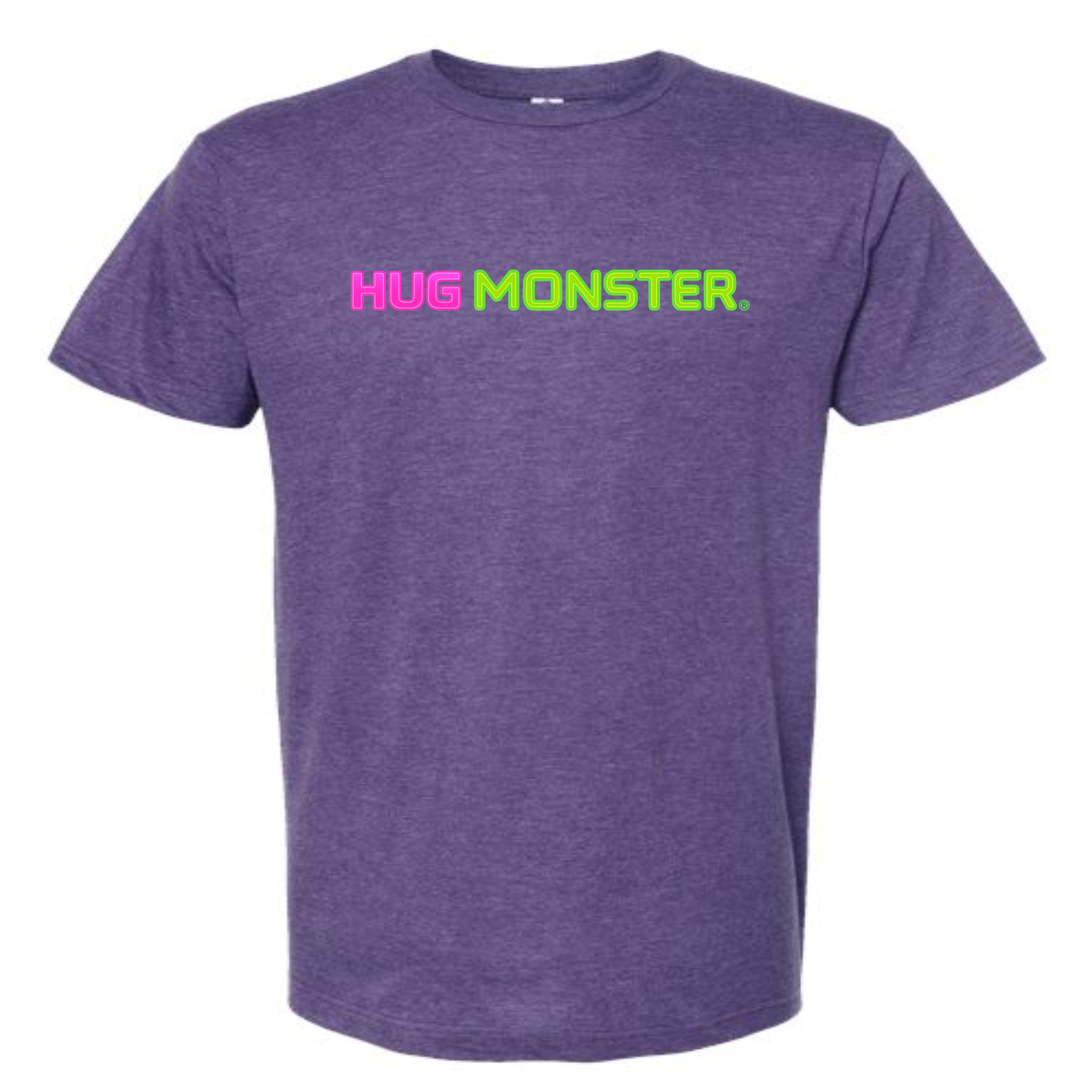 Hug Monster Neon Straight T-Shirt - Positive Message Graphic Tee in Heather Purple – Front View