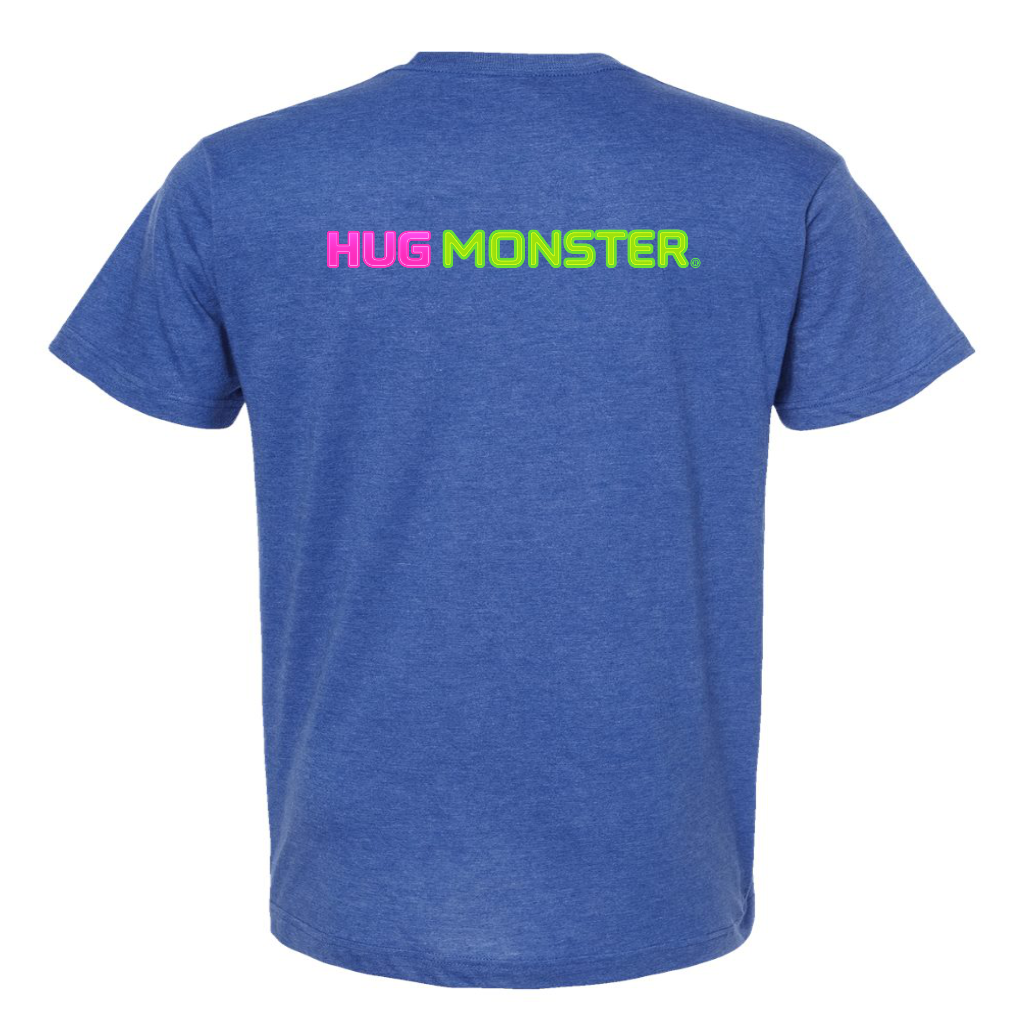 Hug Monster Neon Straight T-Shirt - Positive Message Graphic Tee in Heather Royal Blue – Back View