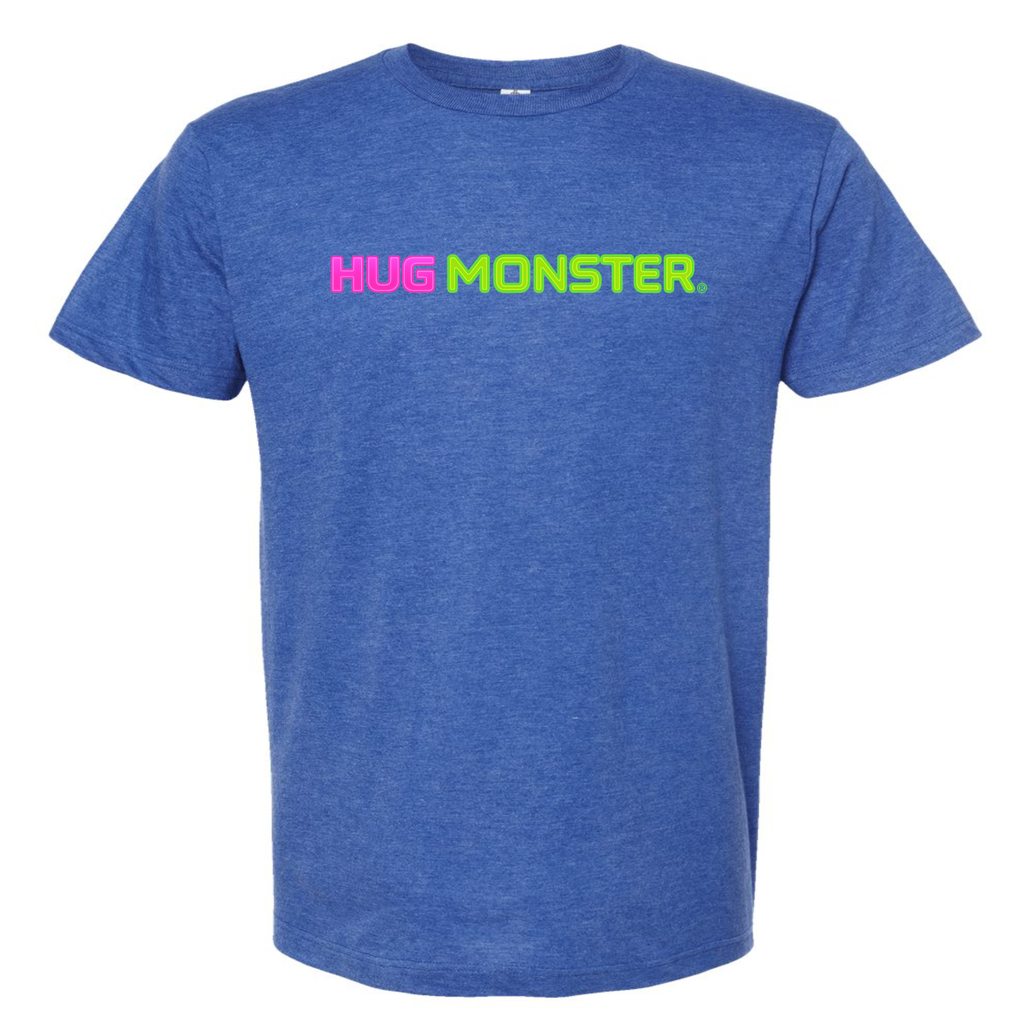 Hug Monster Neon Straight T-Shirt - Positive Message Graphic Tee in Heather Royal Blue – Front View