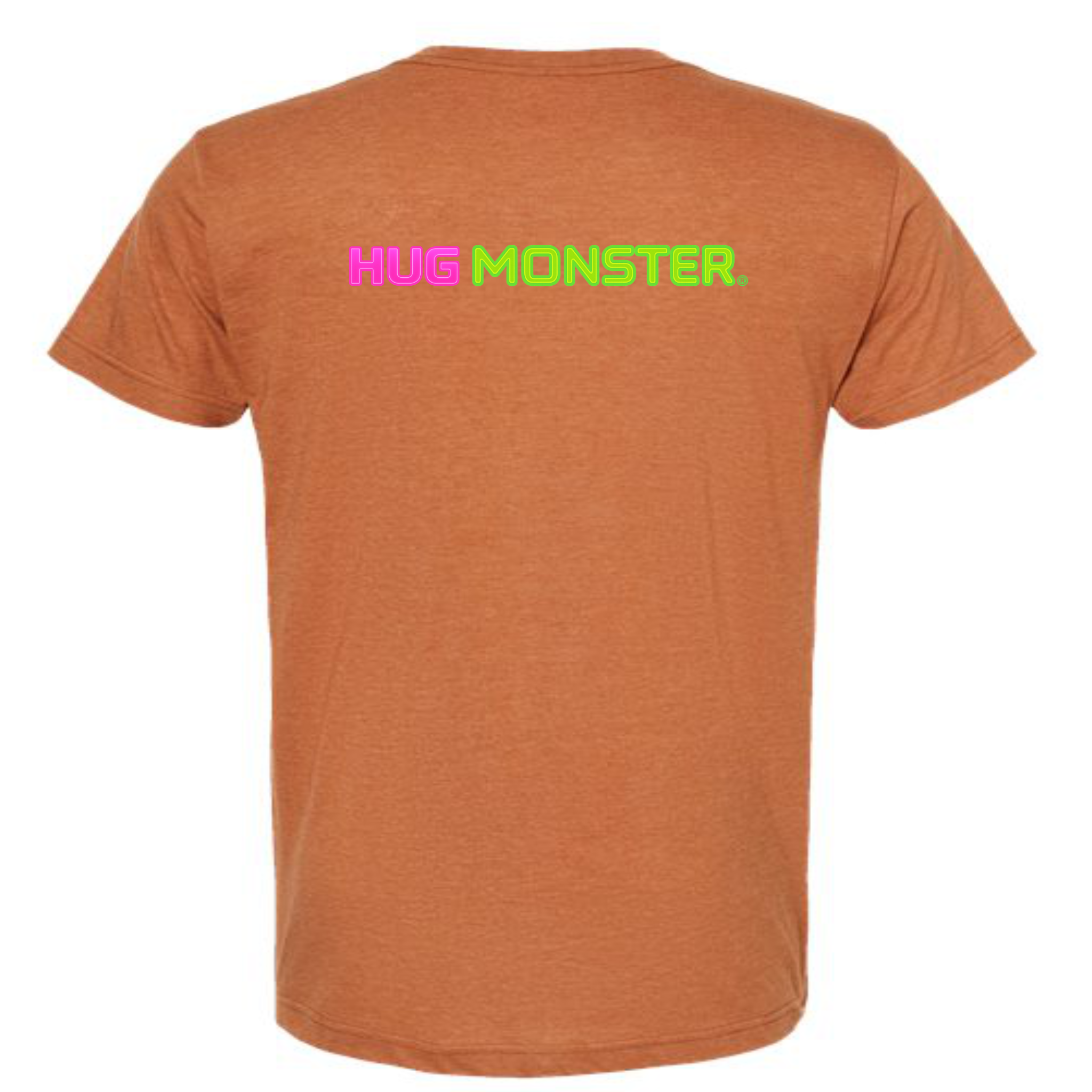 Hug Monster Neon Straight T-Shirt - Positive Message Graphic Tee in Heather Rust – Back View