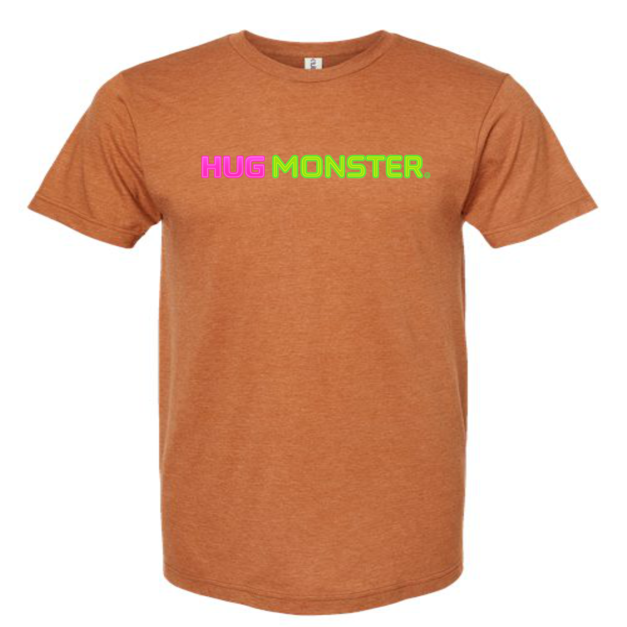 Hug Monster Neon Straight T-Shirt - Positive Message Graphic Tee in Heather Rust – Front View