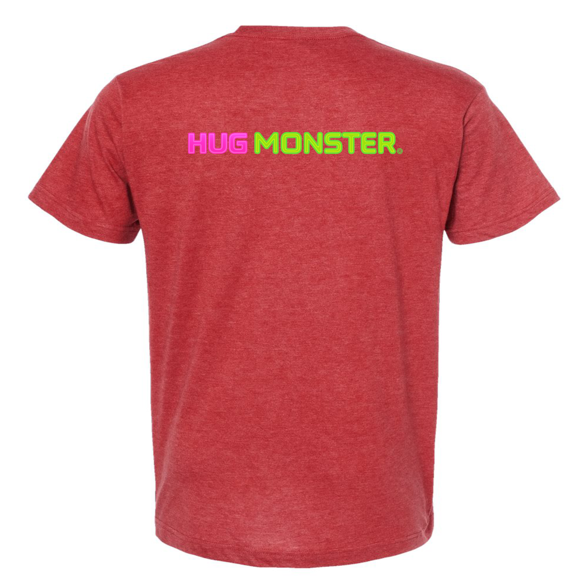 Hug Monster Neon Straight T-Shirt - Positive Message Graphic Tee in Heather Scarlet Red – Back View