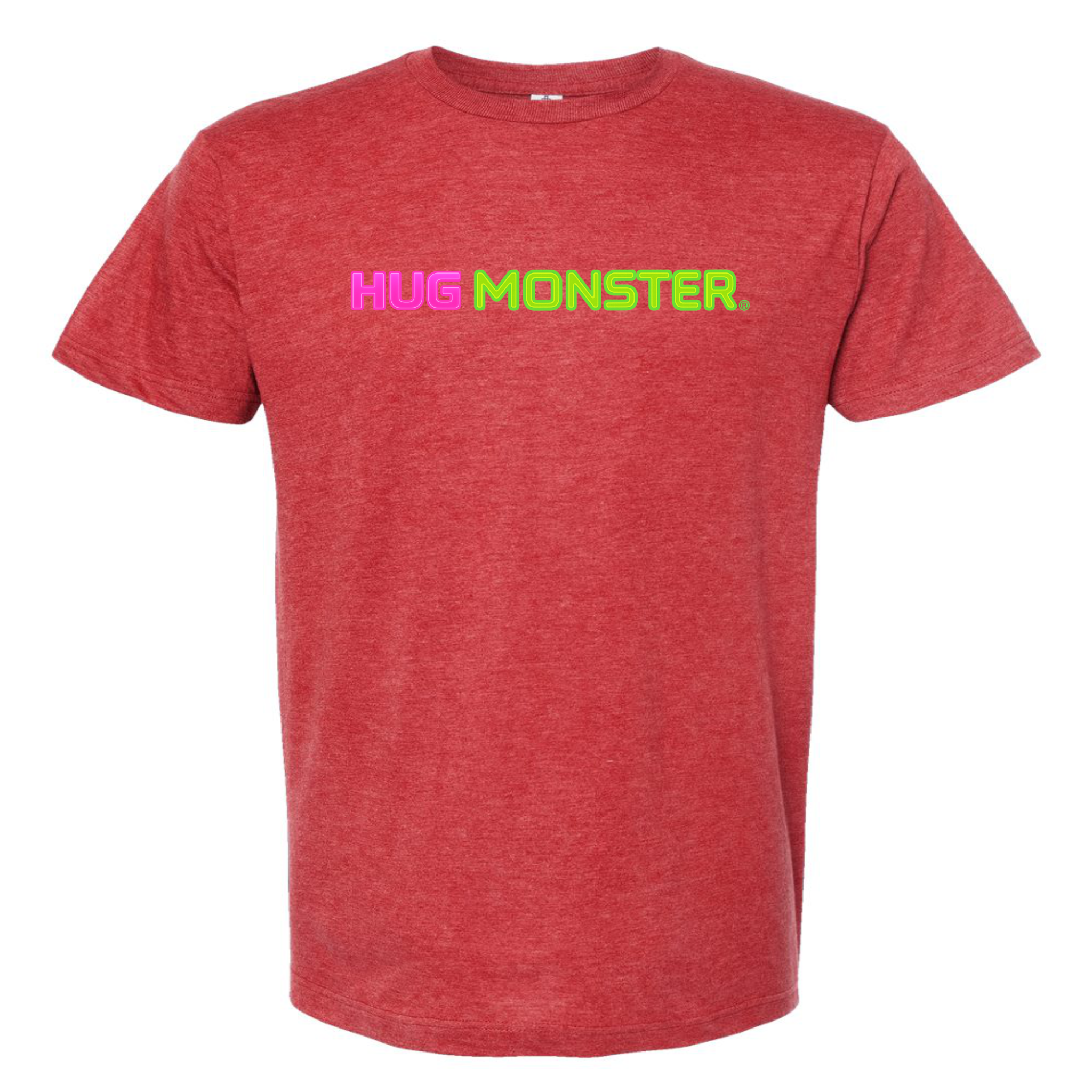 Hug Monster Neon Straight T-Shirt - Positive Message Graphic Tee in Heather Scarlet Red – Front View