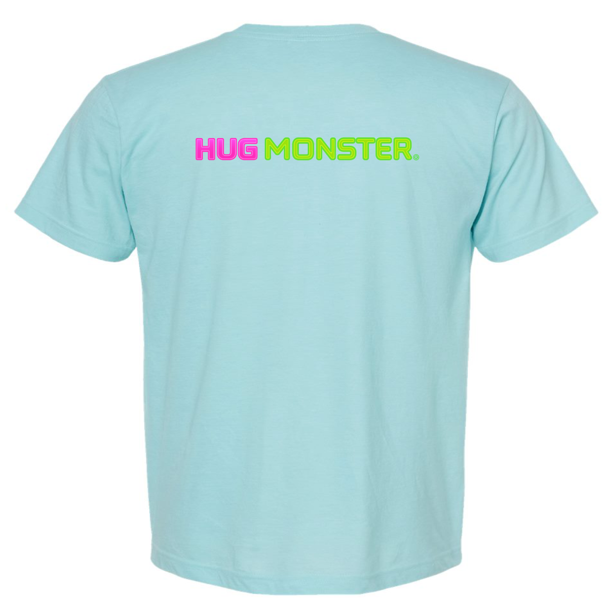 Hug Monster Neon Straight T-Shirt - Positive Message Graphic Tee in Heather Turquoise – Back View