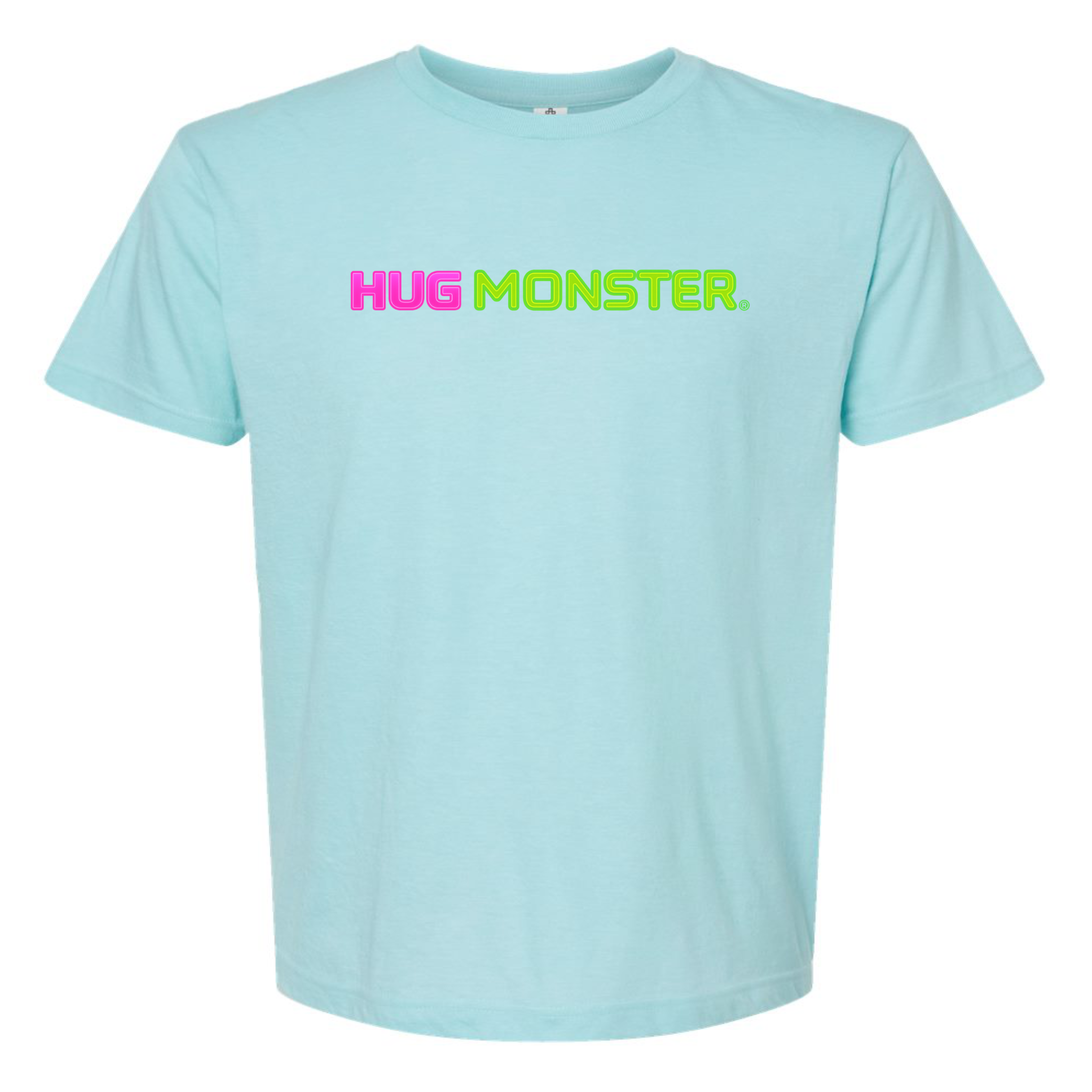 Hug Monster Neon Straight T-Shirt - Positive Message Graphic Tee in Heather Turquoise – Front View