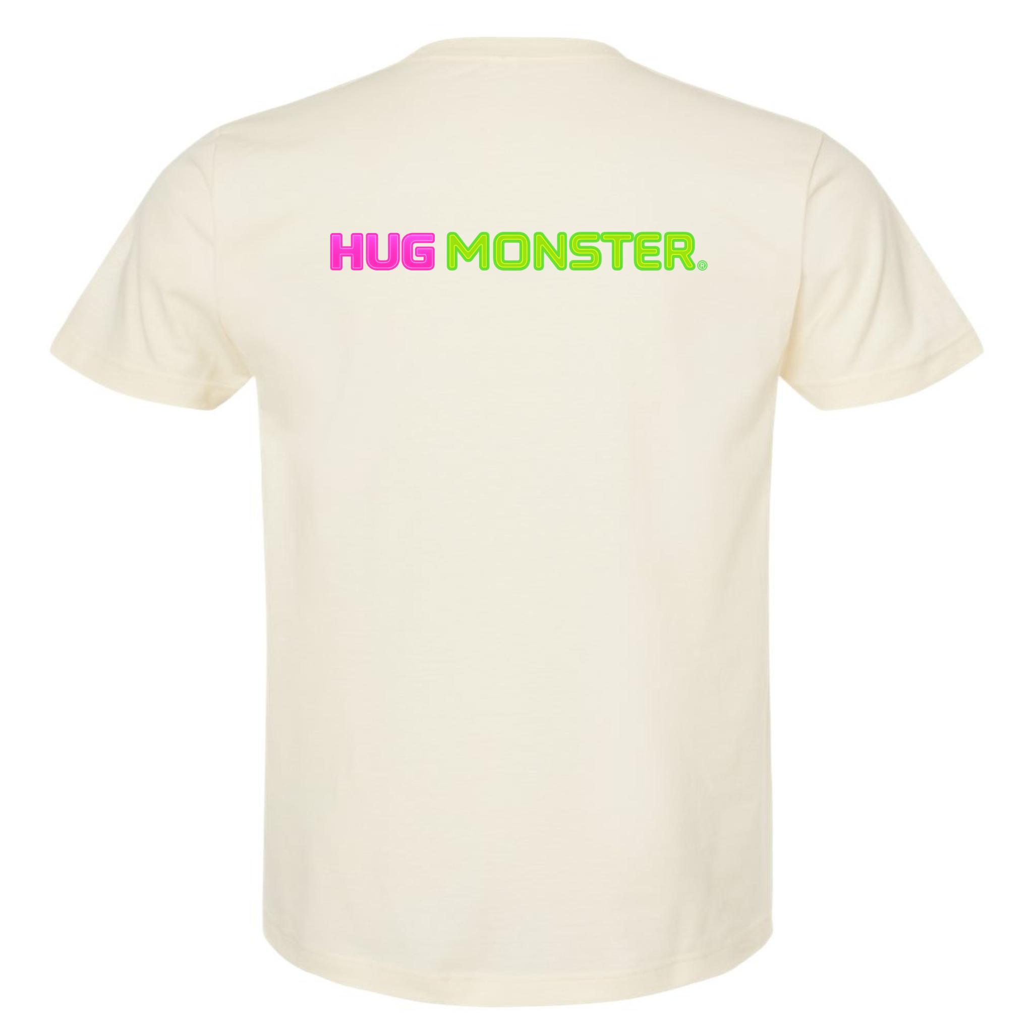Hug Monster Neon Straight T-Shirt - Positive Message Graphic Tee in Natural – Back View