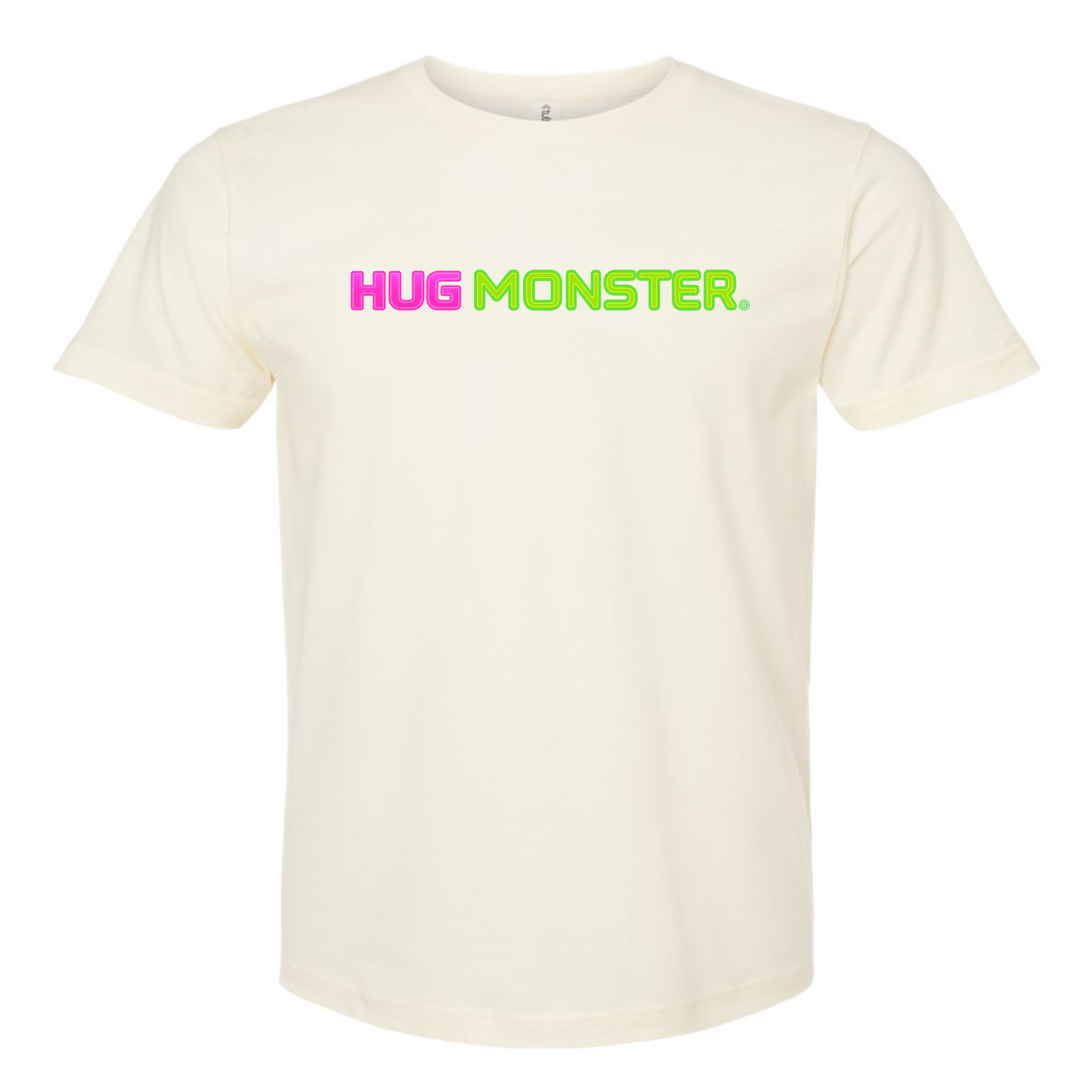 Hug Monster Neon Straight T-Shirt - Positive Message Graphic Tee in Natural – Front View