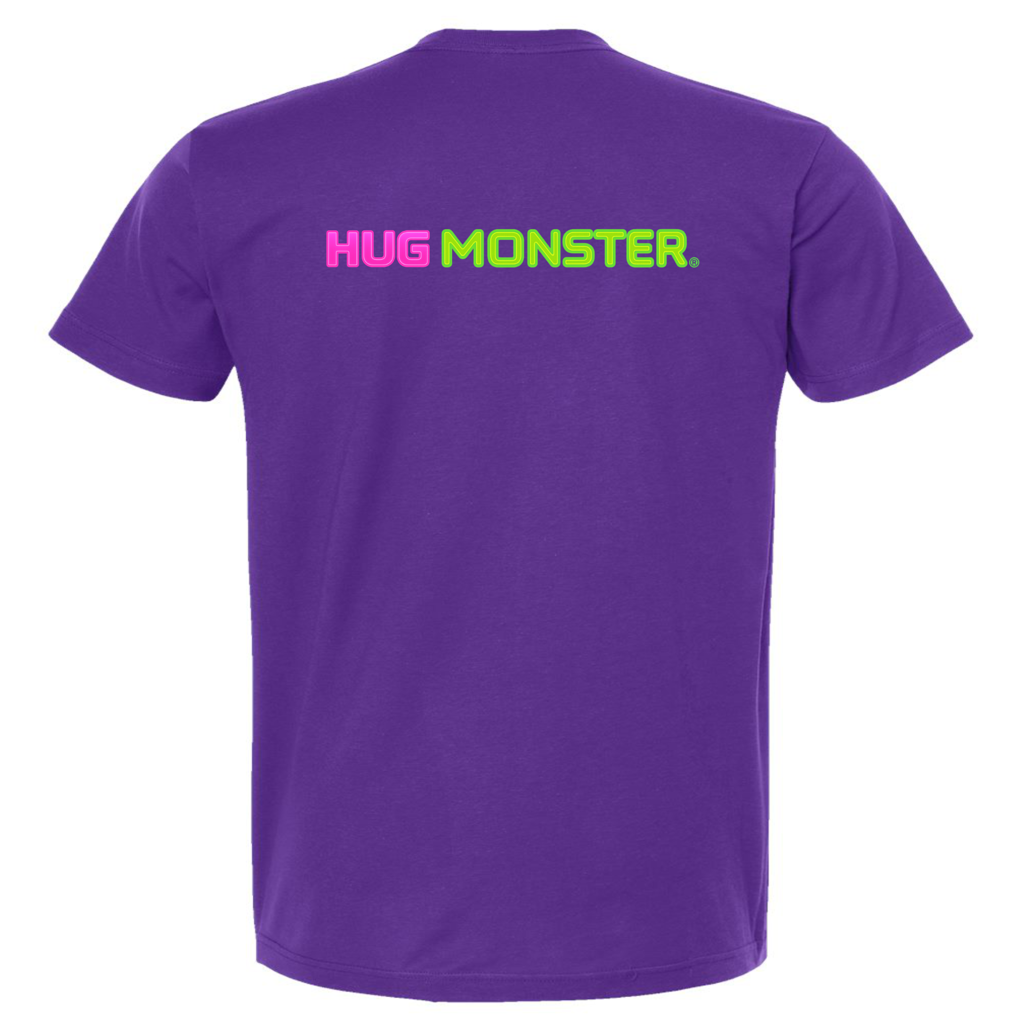 Hug Monster Neon Straight T-Shirt - Positive Message Graphic Tee in Purple – Back View