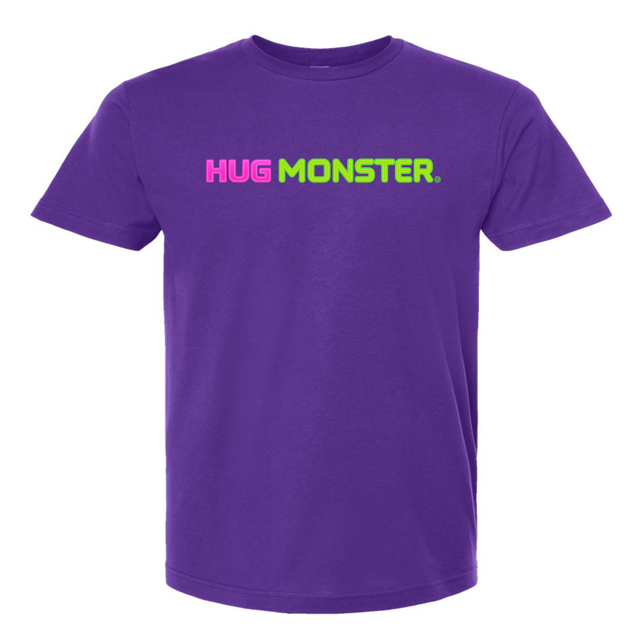 Hug Monster Neon Straight T-Shirt - Positive Message Graphic Tee in Purple – Front View