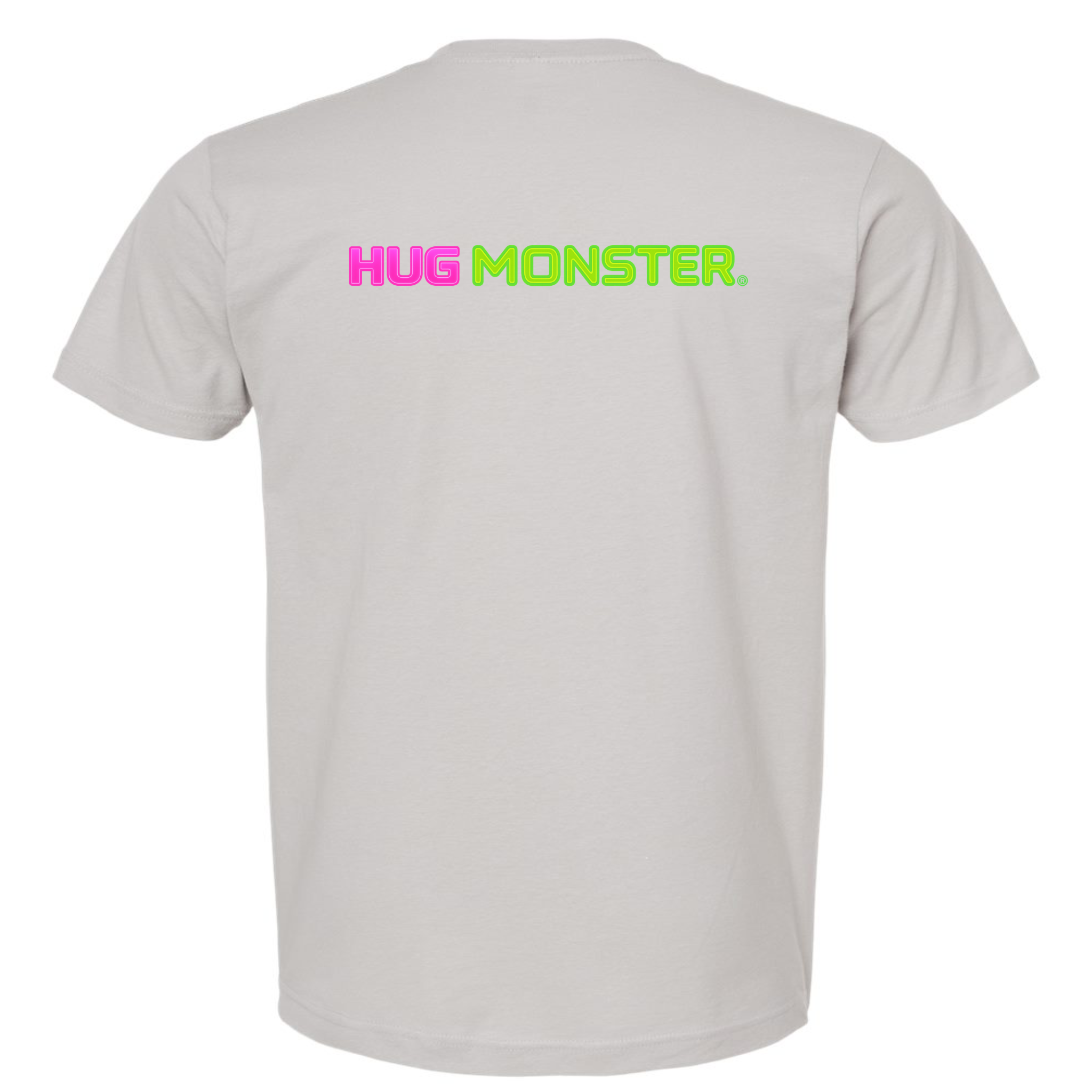 Hug Monster Neon Straight T-Shirt - Positive Message Graphic Tee in Silver – Back View