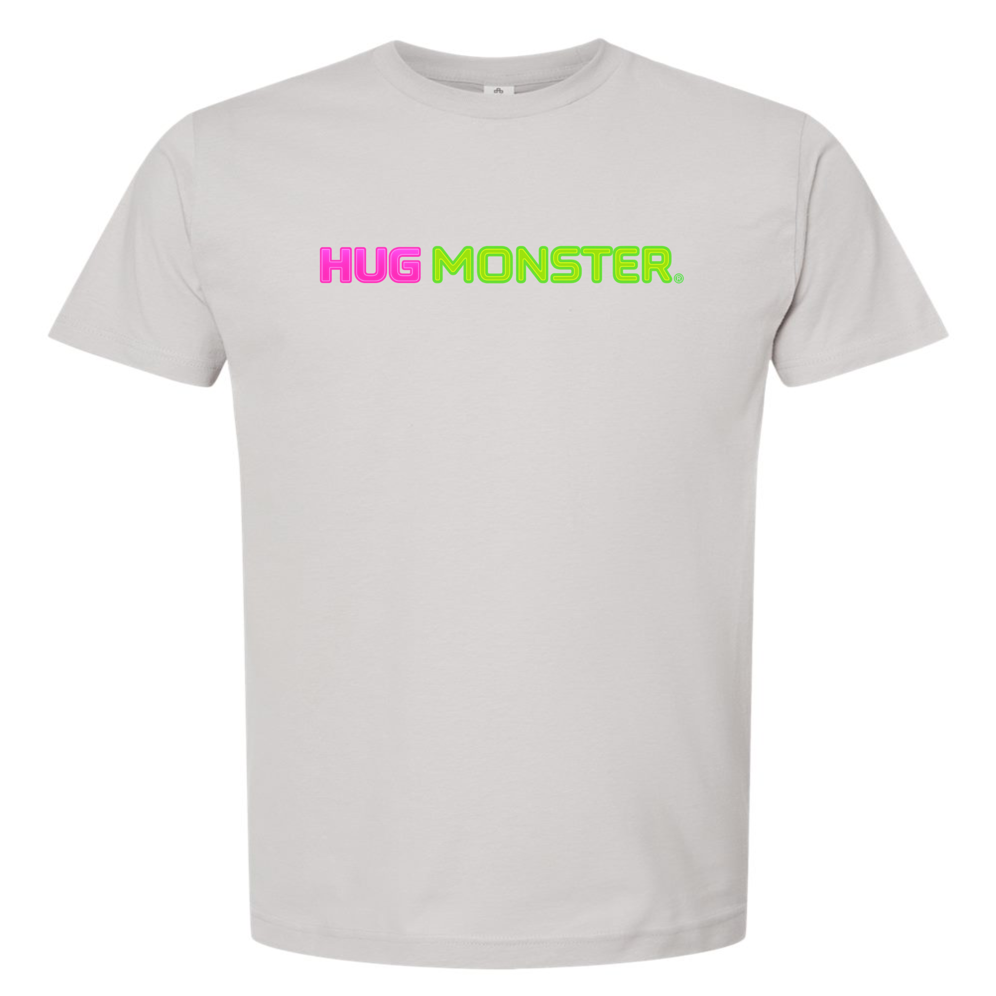 Hug Monster Neon Straight T-Shirt - Positive Message Graphic Tee in Silver – Front View