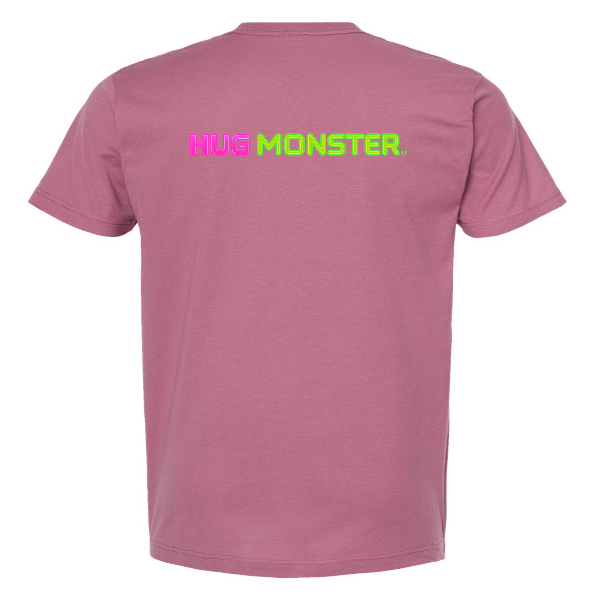 Hug Monster Neon Straight T-Shirt - Positive Message Graphic Tee in Soft Dusty Rose Pink – Back View
