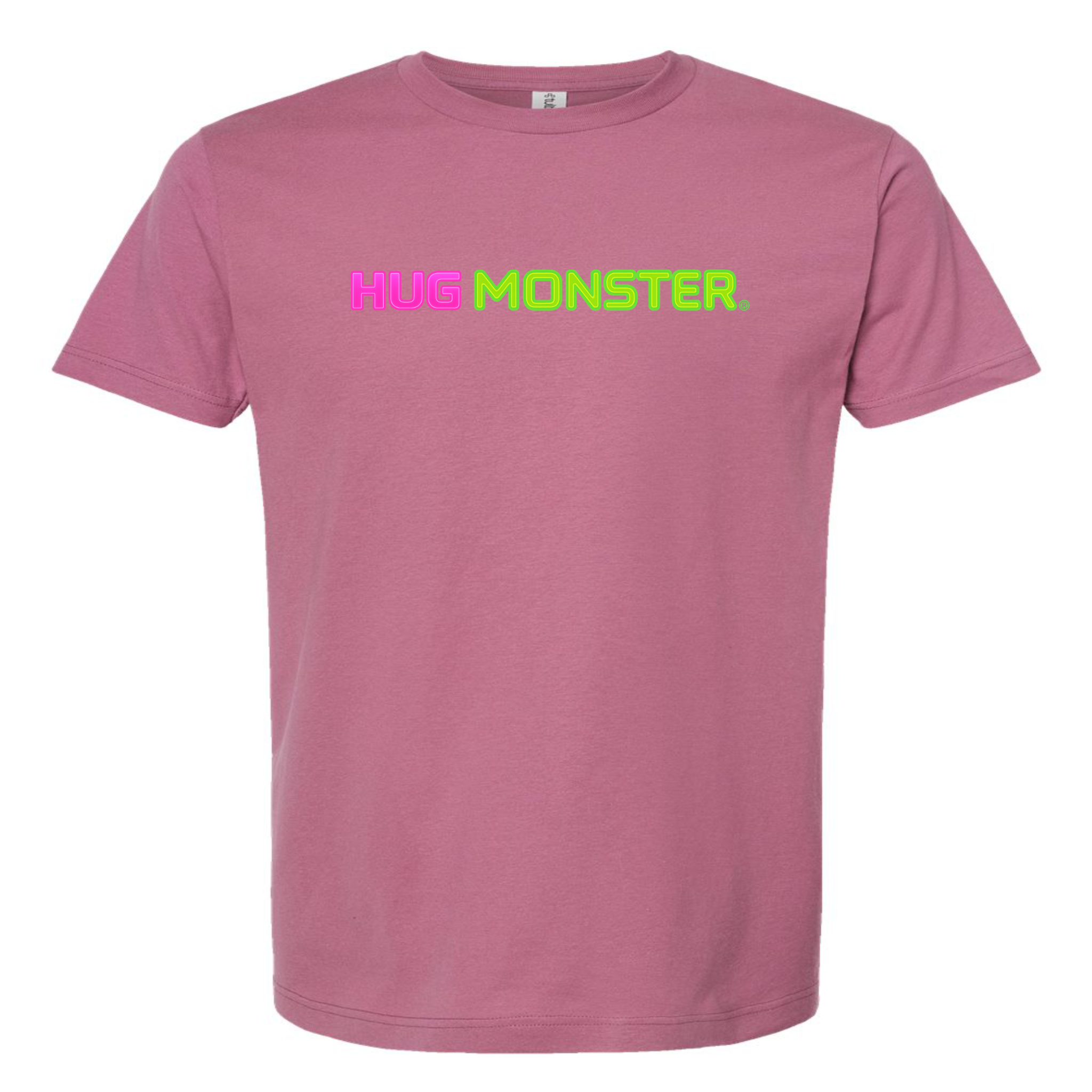 Hug Monster Neon Straight T-Shirt - Positive Message Graphic Tee in Soft Dusty Rose Pink – Front View
