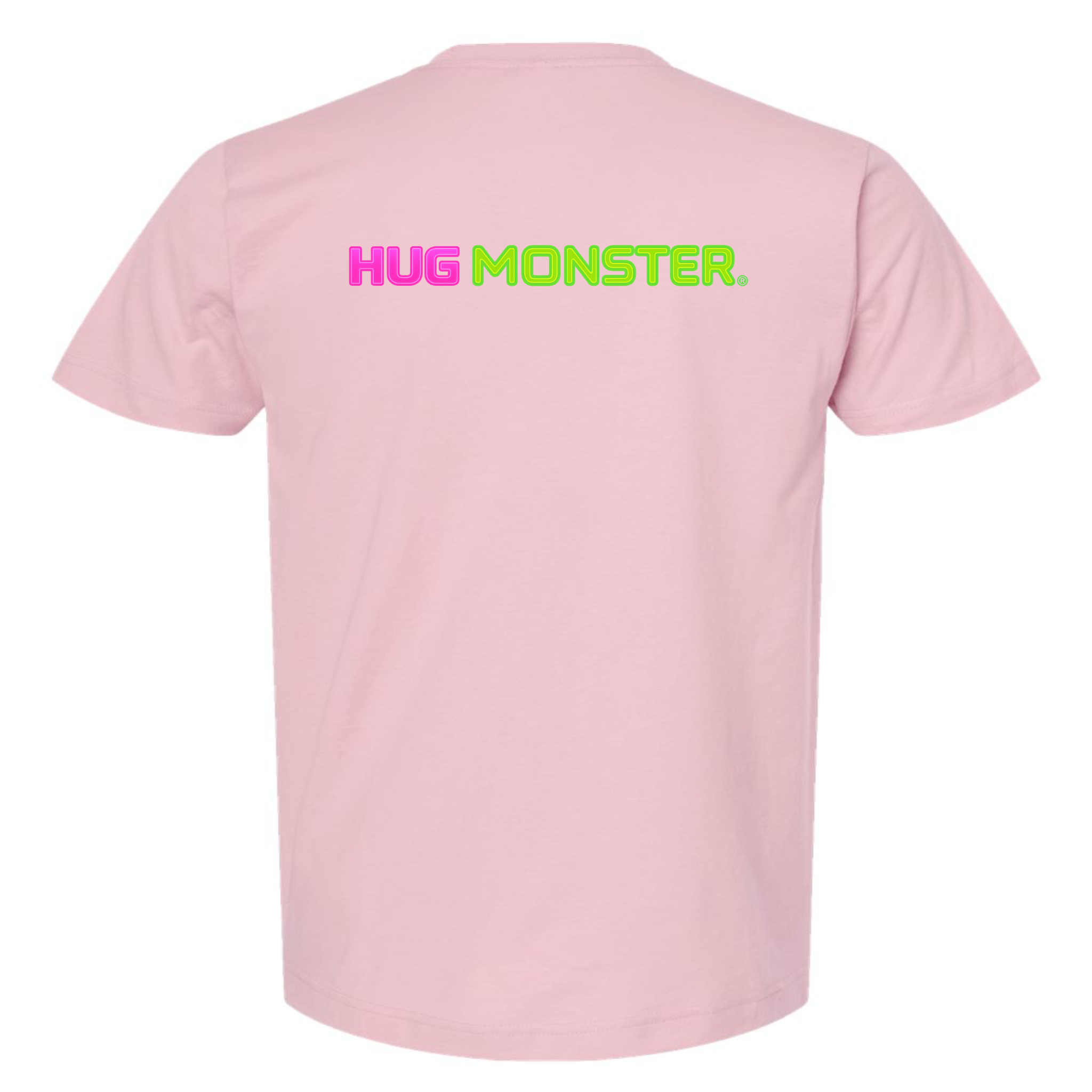 Hug Monster Neon Straight T-Shirt - Positive Message Graphic Tee in Soft Pink – Back View