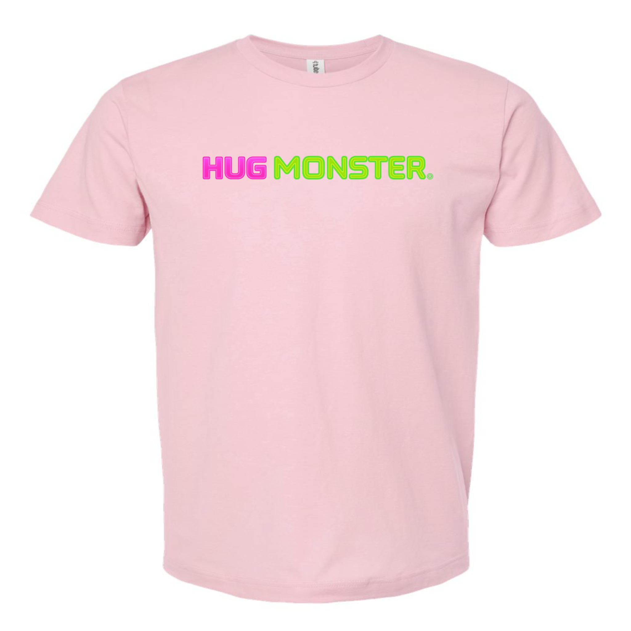 Hug Monster Neon Straight T-Shirt - Positive Message Graphic Tee in Soft Pink – Front View