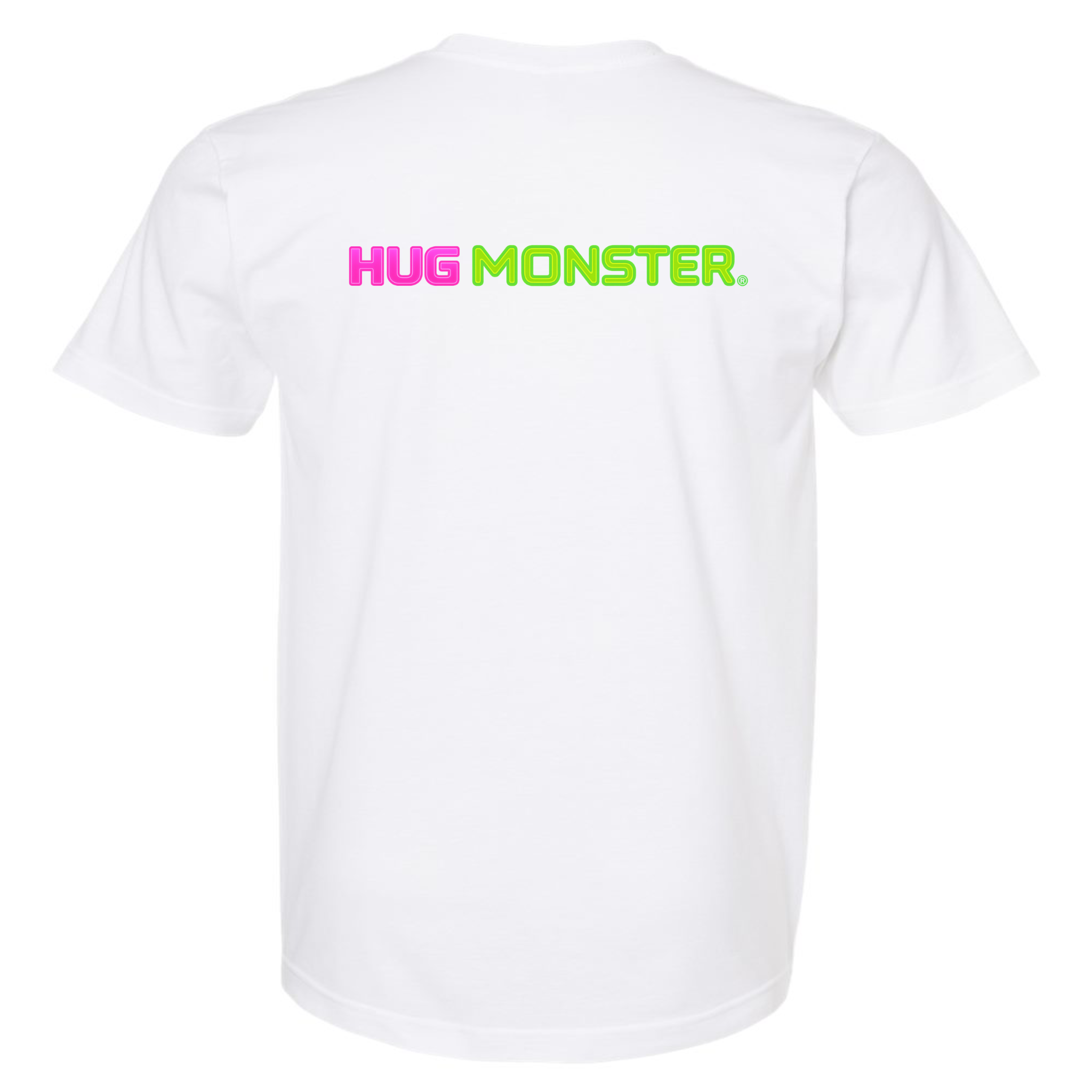 Hug Monster Neon Straight T-Shirt - Positive Message Graphic Tee in White – Back View