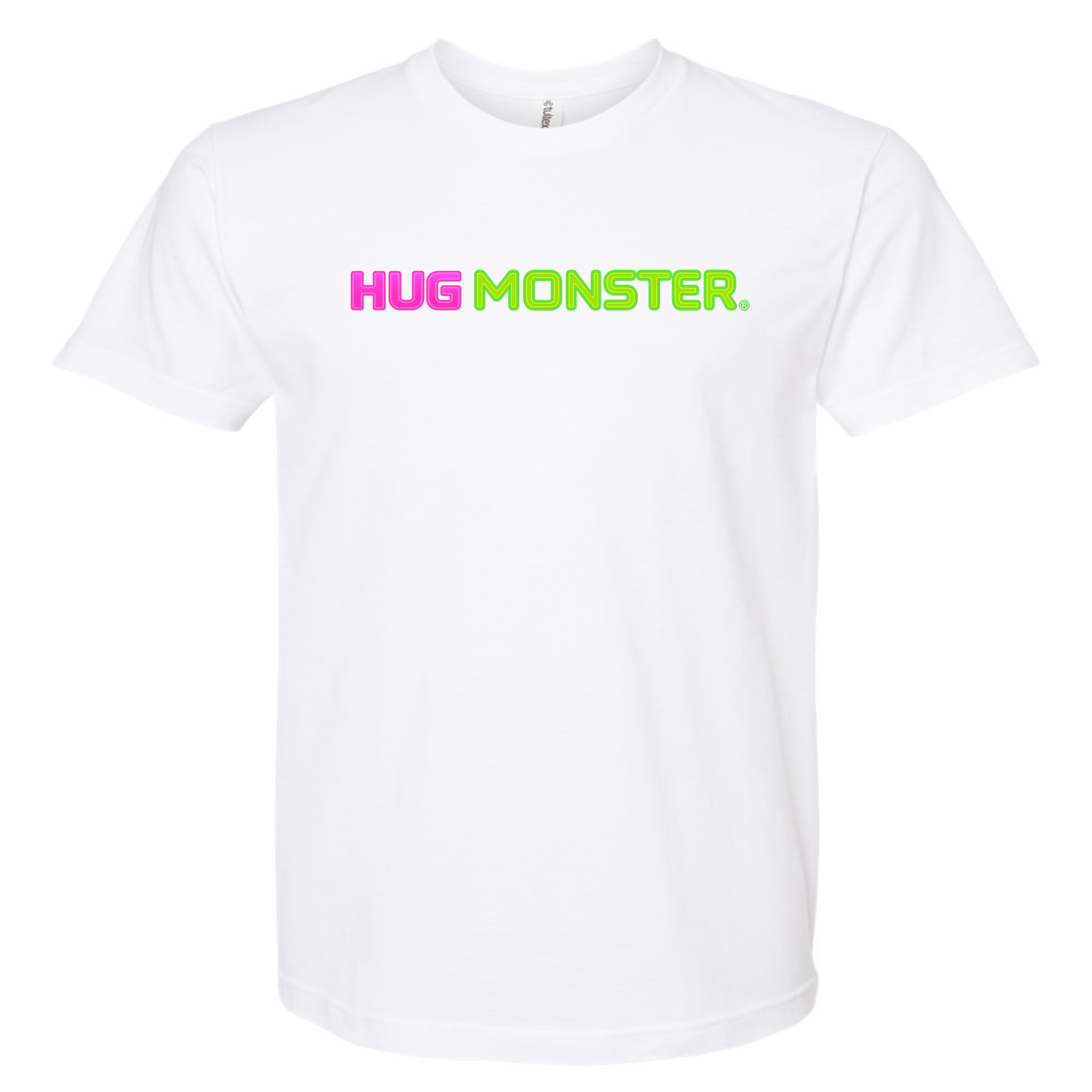 Hug Monster Neon Straight T-Shirt - Positive Message Graphic Tee in White – Front View