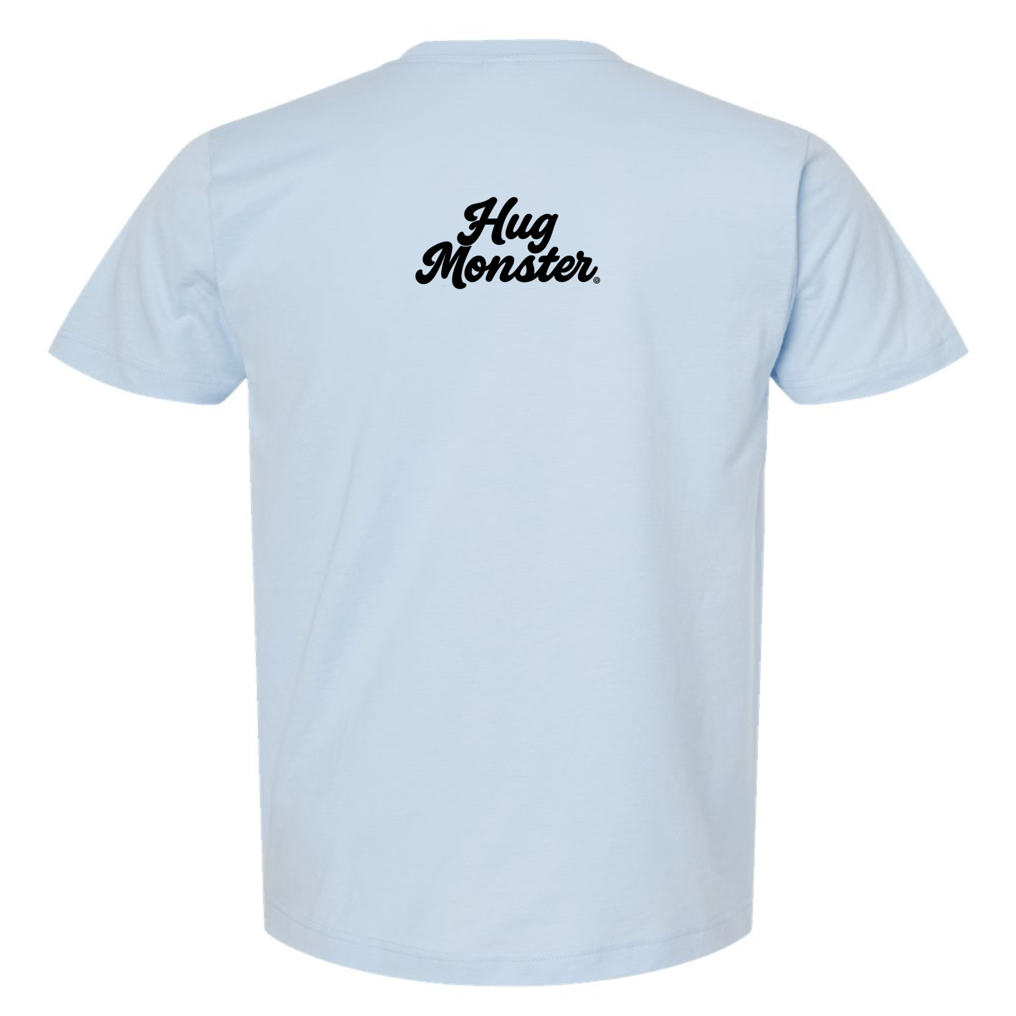 Hug Monster Original Classic Cursive (Black Logo) T-Shirt - Positive Message Graphic Tee in Baby Blue – Back View