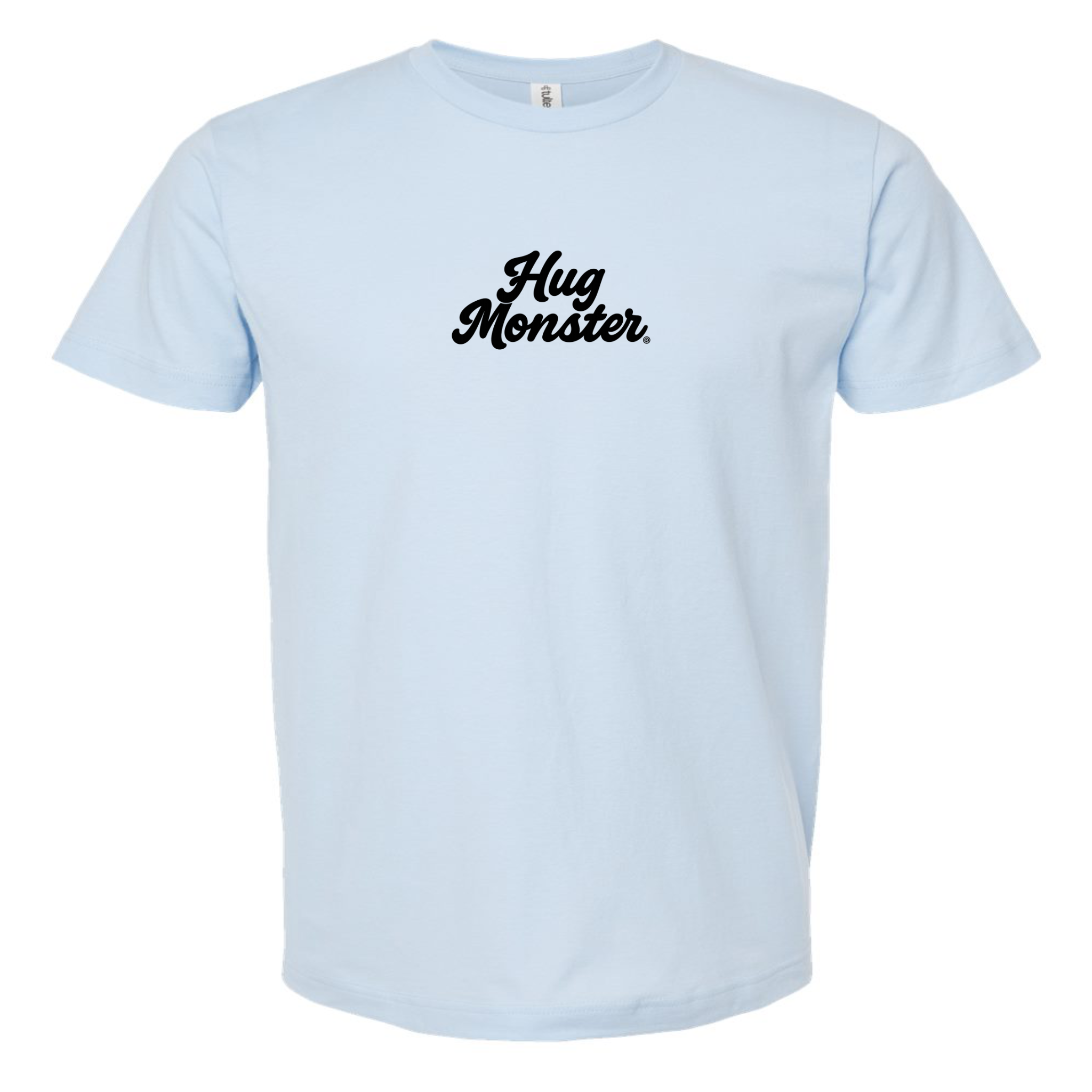 Hug Monster Original Classic Cursive (Black Logo) T-Shirt - Positive Message Graphic Tee in Baby Blue – Front View