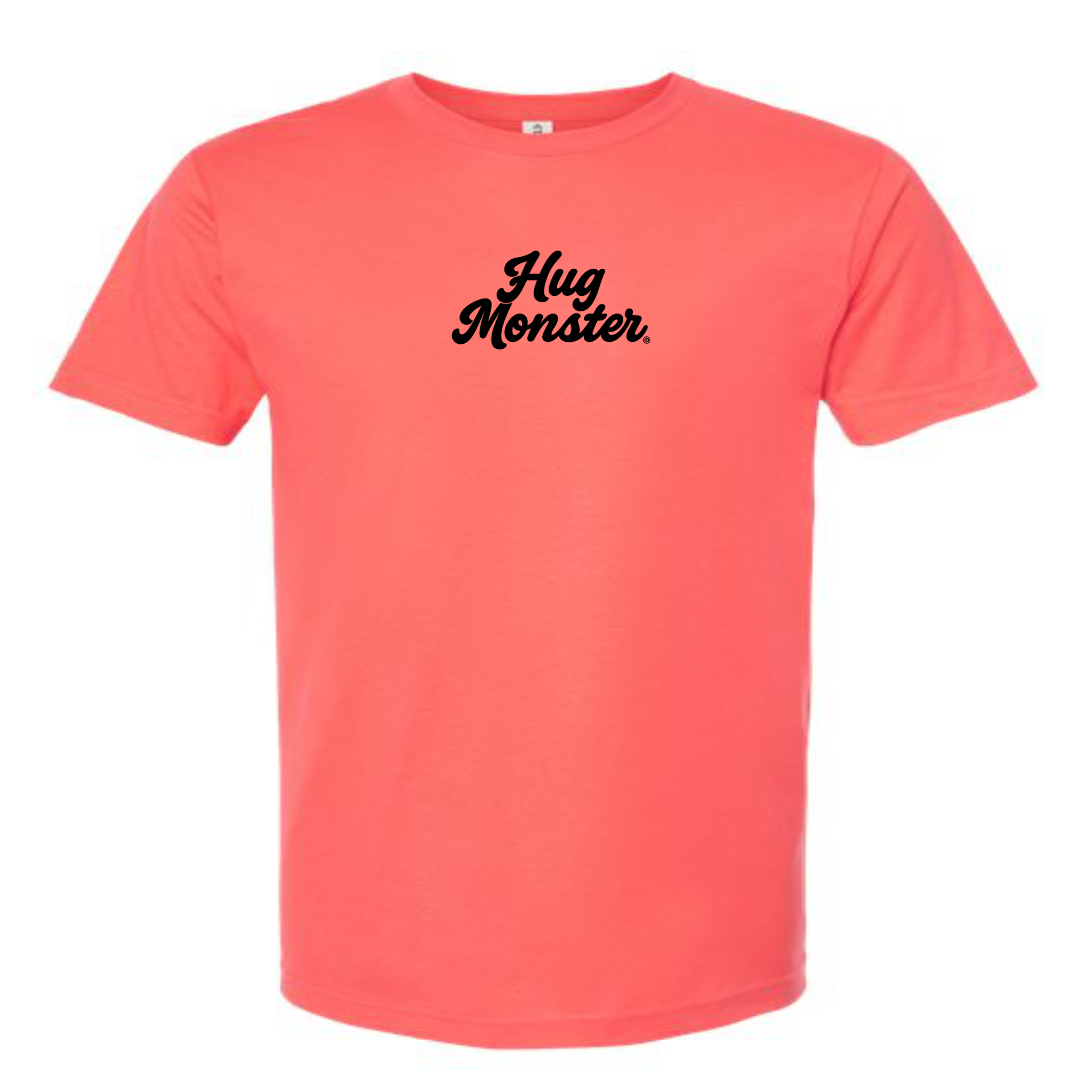 Hug Monster Original Classic Cursive (Black Logo) T-Shirt - Positive Message Graphic Tee in Bright Coral – Front View