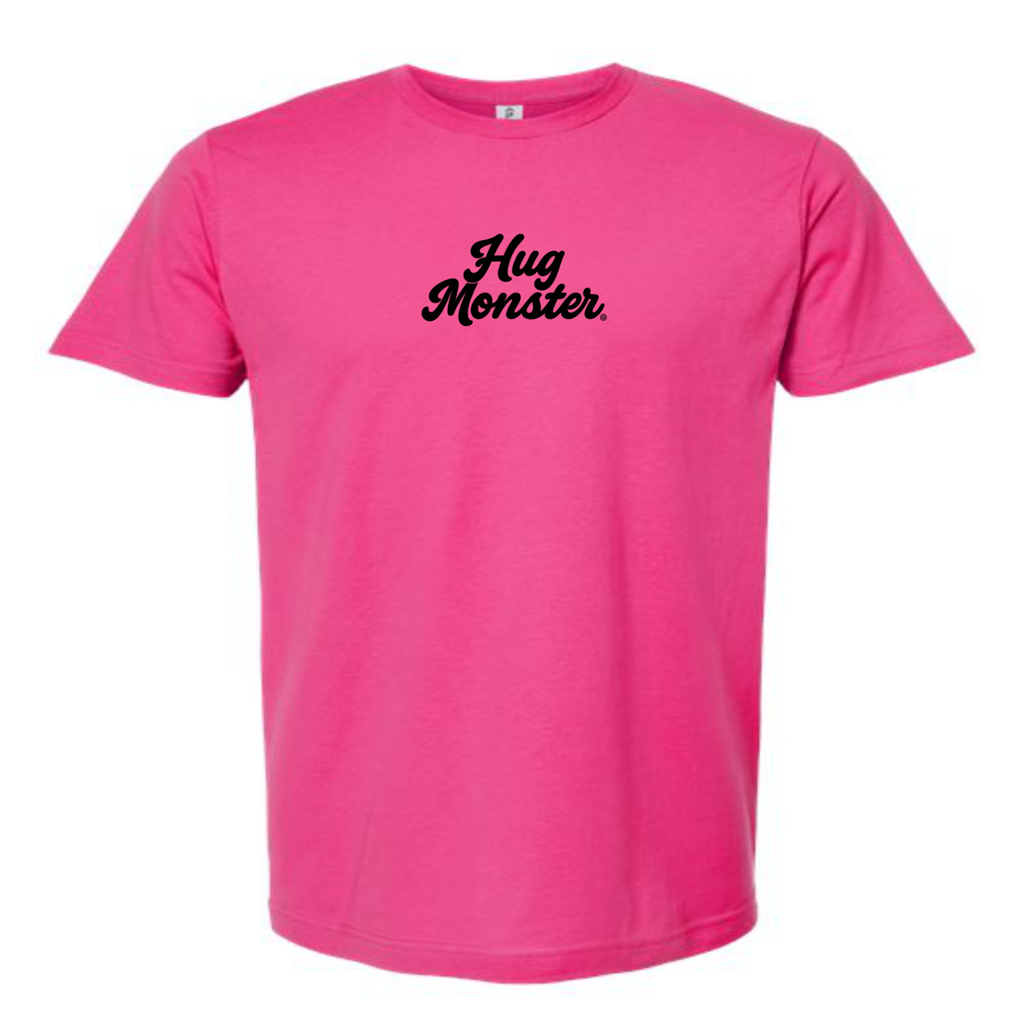 Hug Monster Original Classic Cursive (Black Logo) T-Shirt - Positive Message Graphic Tee in Bright Fuscia – Front View