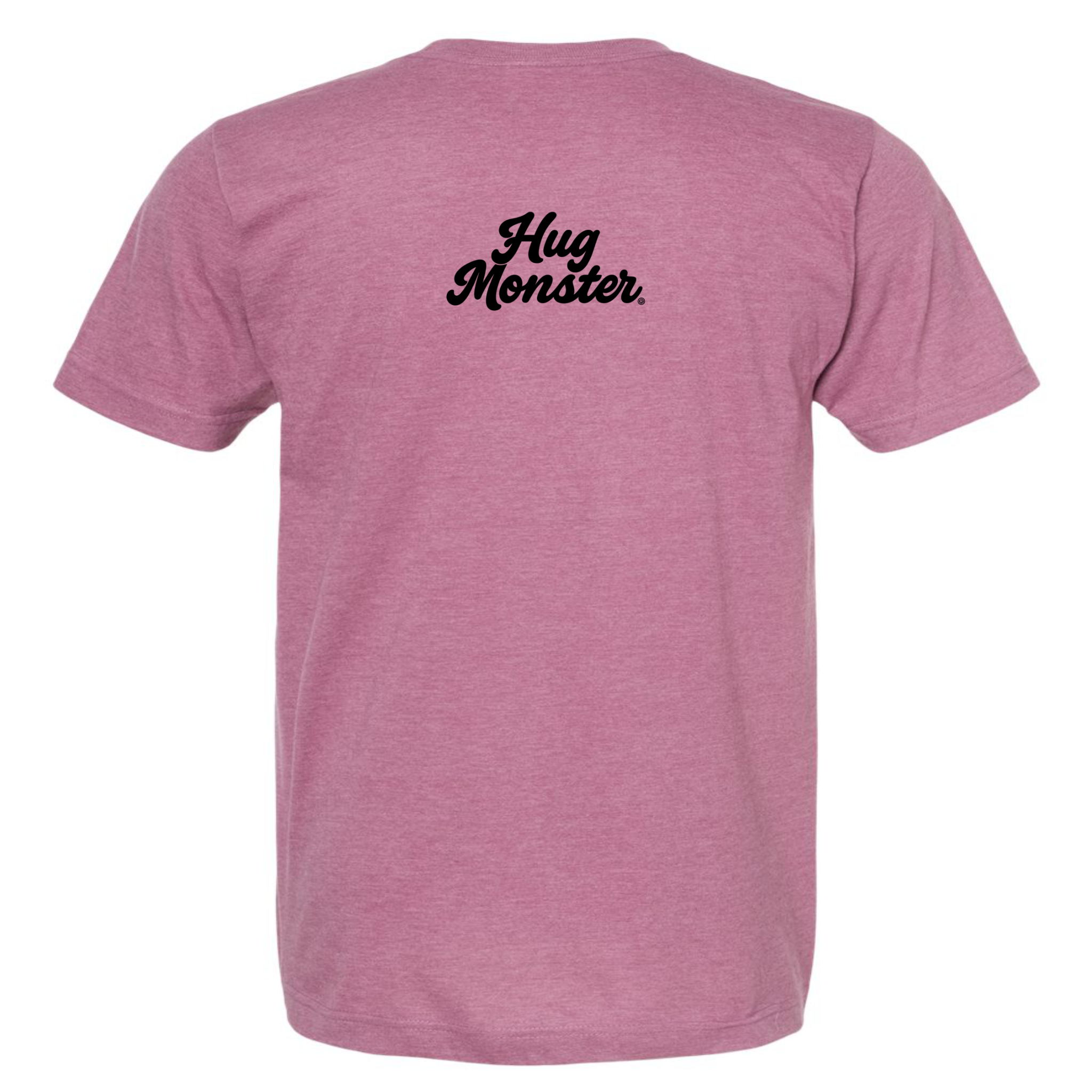 Hug Monster Original Classic Cursive (Black Logo) T-Shirt in Heather Dusty Rose Pink – Back View