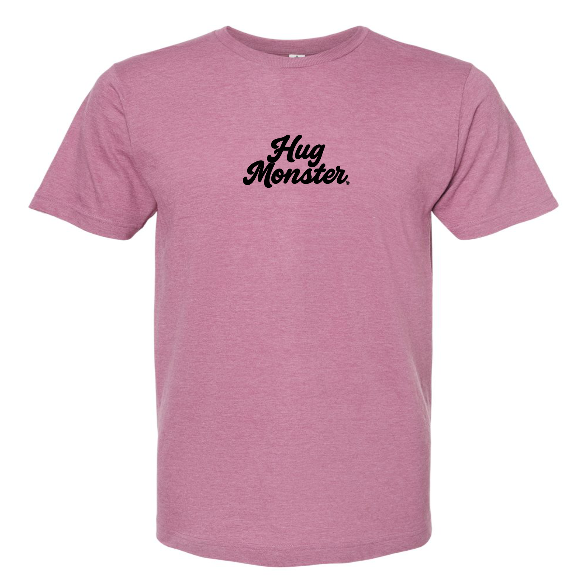 Hug Monster Original Classic Cursive (Black Logo) T-Shirt in Heather Dusty Rose Pink – Front View