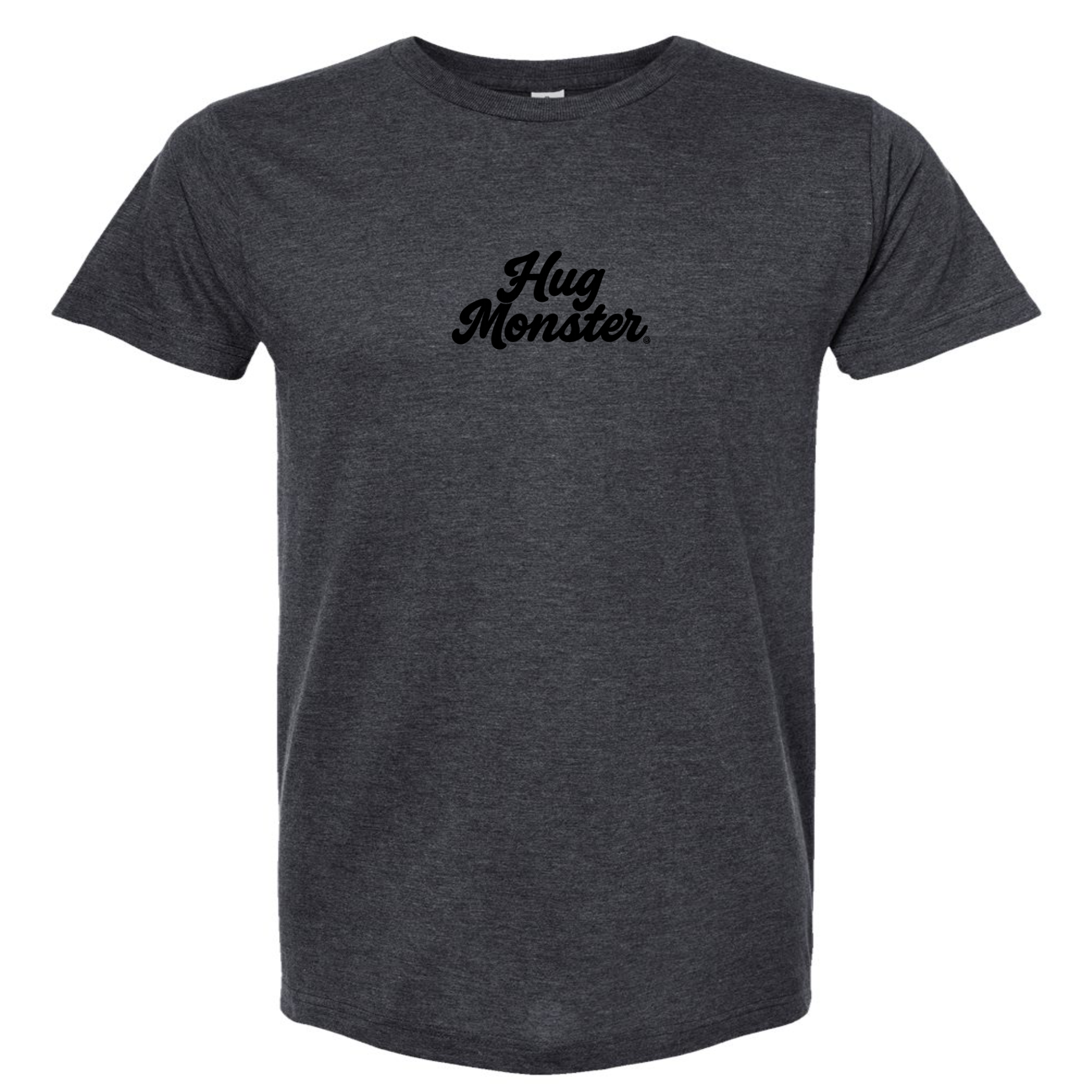 Hug Monster Original Classic Cursive (Black Logo) T-Shirt - Positive Message Graphic Tee in Heather Graphite – Front View