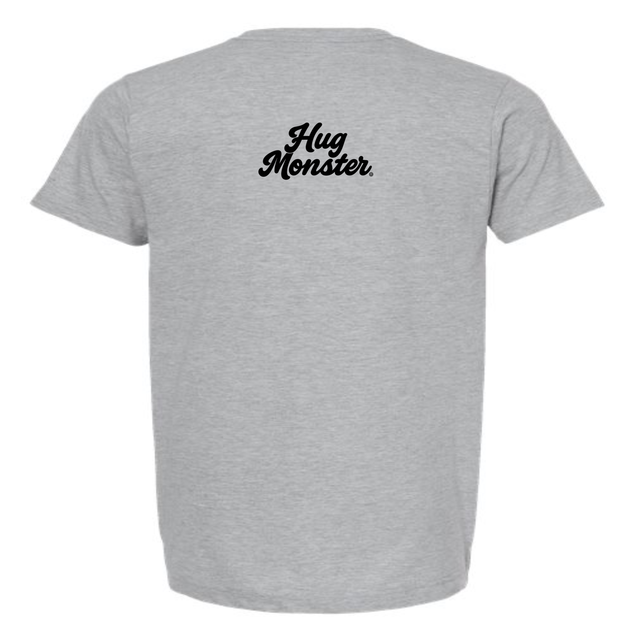 Hug Monster Original Classic Cursive (Black Logo) T-Shirt - Positive Message Graphic Tee in Heather Grey – Back View