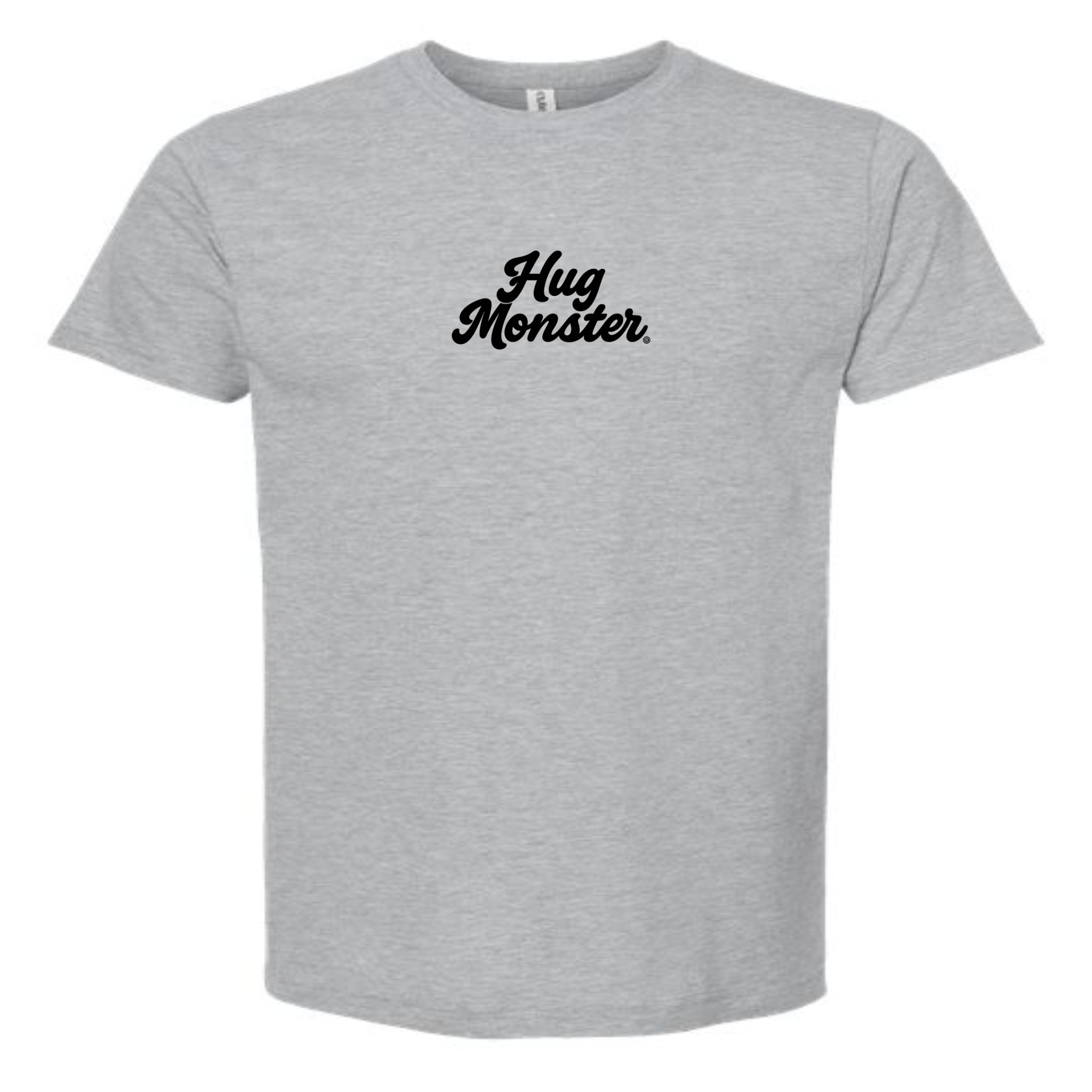 Hug Monster Original Classic Cursive (Black Logo) T-Shirt - Positive Message Graphic Tee in Heather Grey – Front View