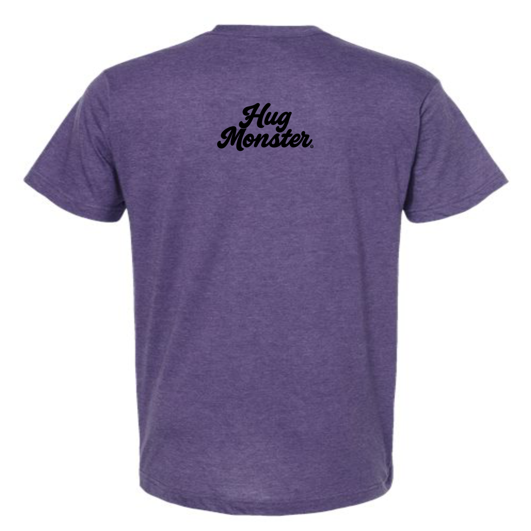 Hug Monster Original Classic Cursive (Black Logo) T-Shirt - Positive Message Graphic Tee in Heather Purple – Back View