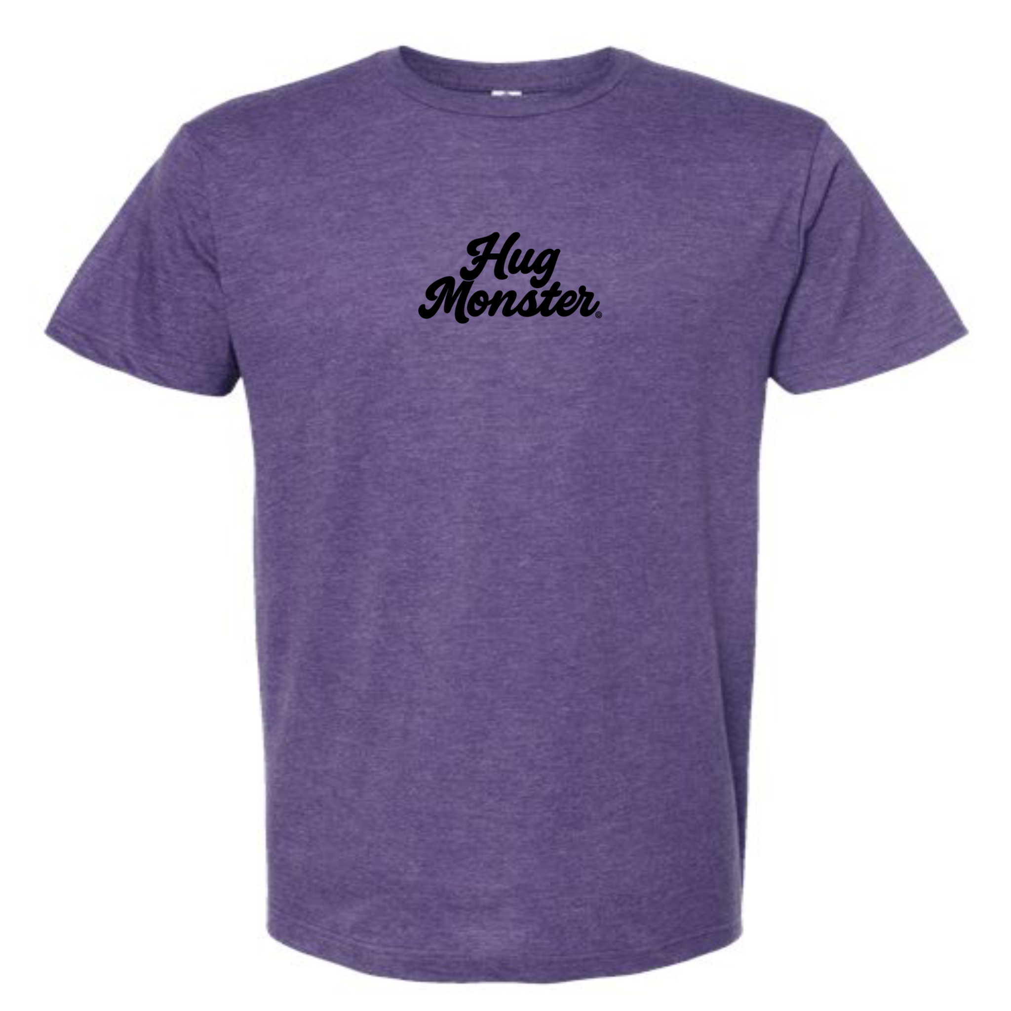 Hug Monster Original Classic Cursive (Black Logo) T-Shirt - Positive Message Graphic Tee in Heather Purple – Front View