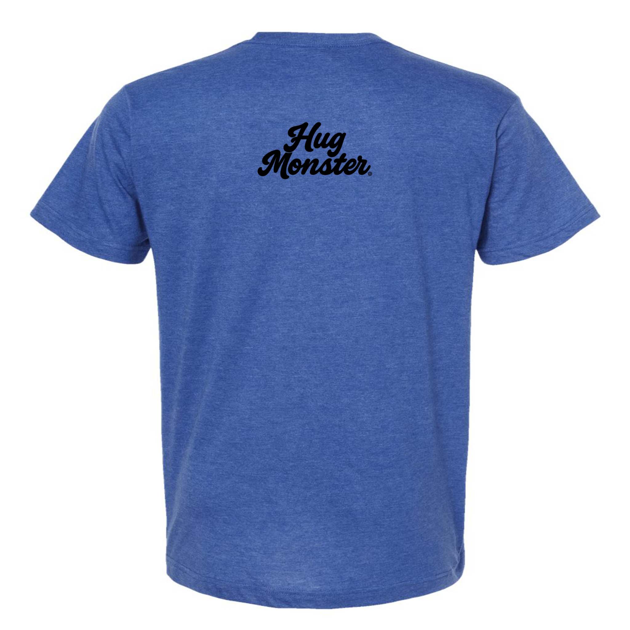Hug Monster Original Classic Cursive (Black Logo) T-Shirt - Positive Message Graphic Tee in Heather Royal Blue – Back View