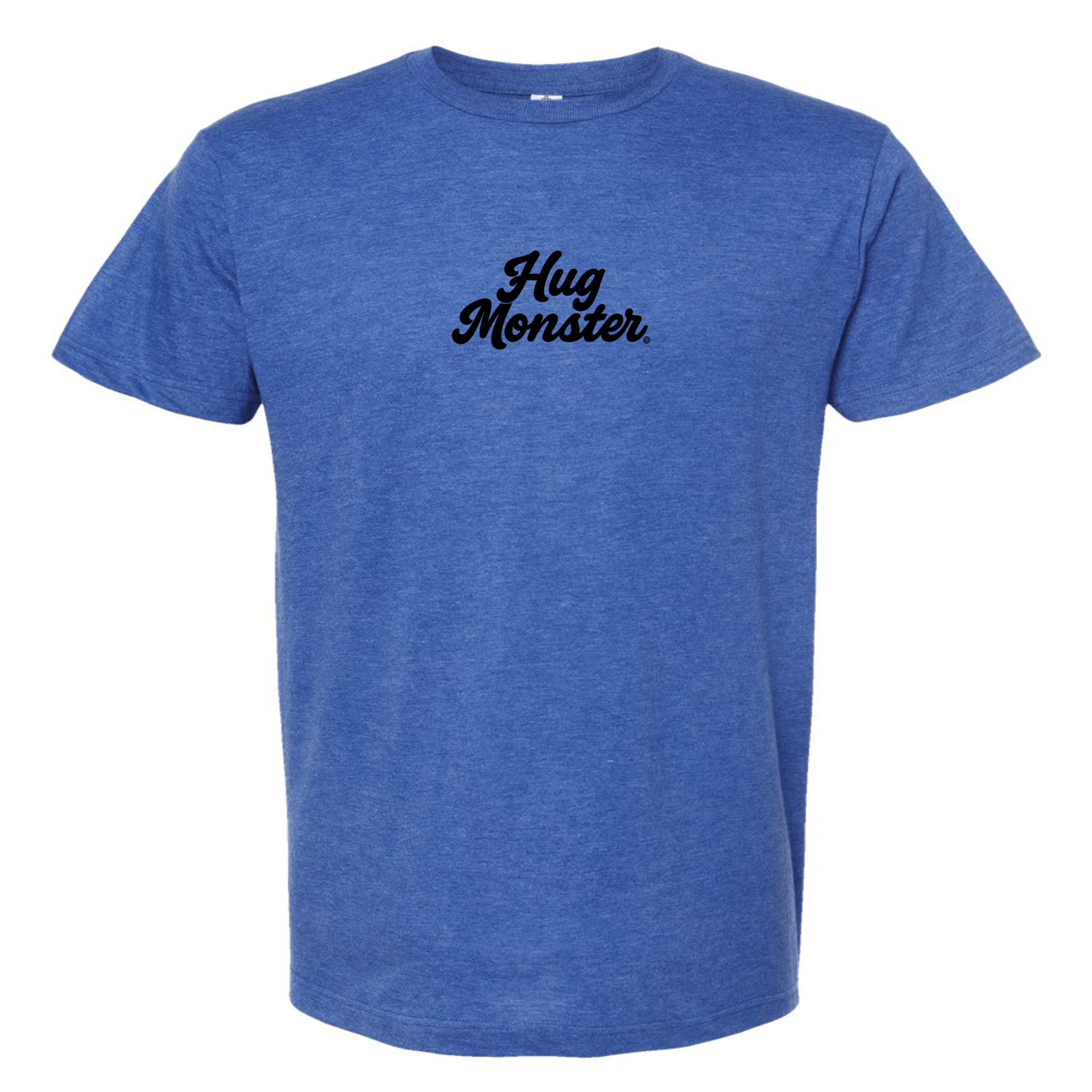 Hug Monster Original Classic Cursive (Black Logo) T-Shirt - Positive Message Graphic Tee in Heather Royal Blue – Front View