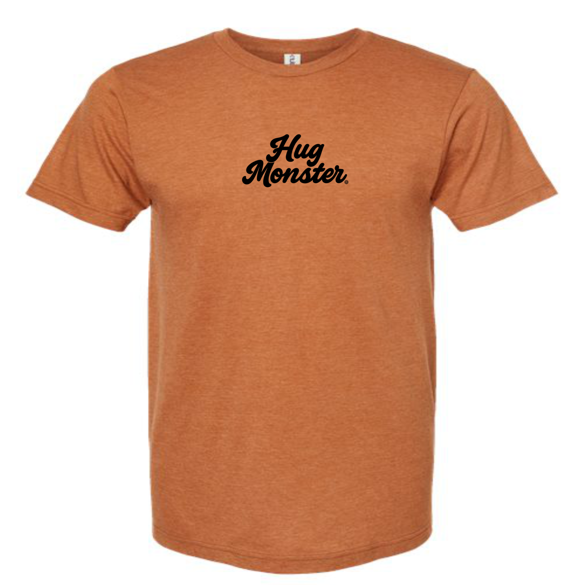 Hug Monster Original Classic Cursive (Black Logo) T-Shirt - Positive Message Graphic Tee in Heather Rust – Front View