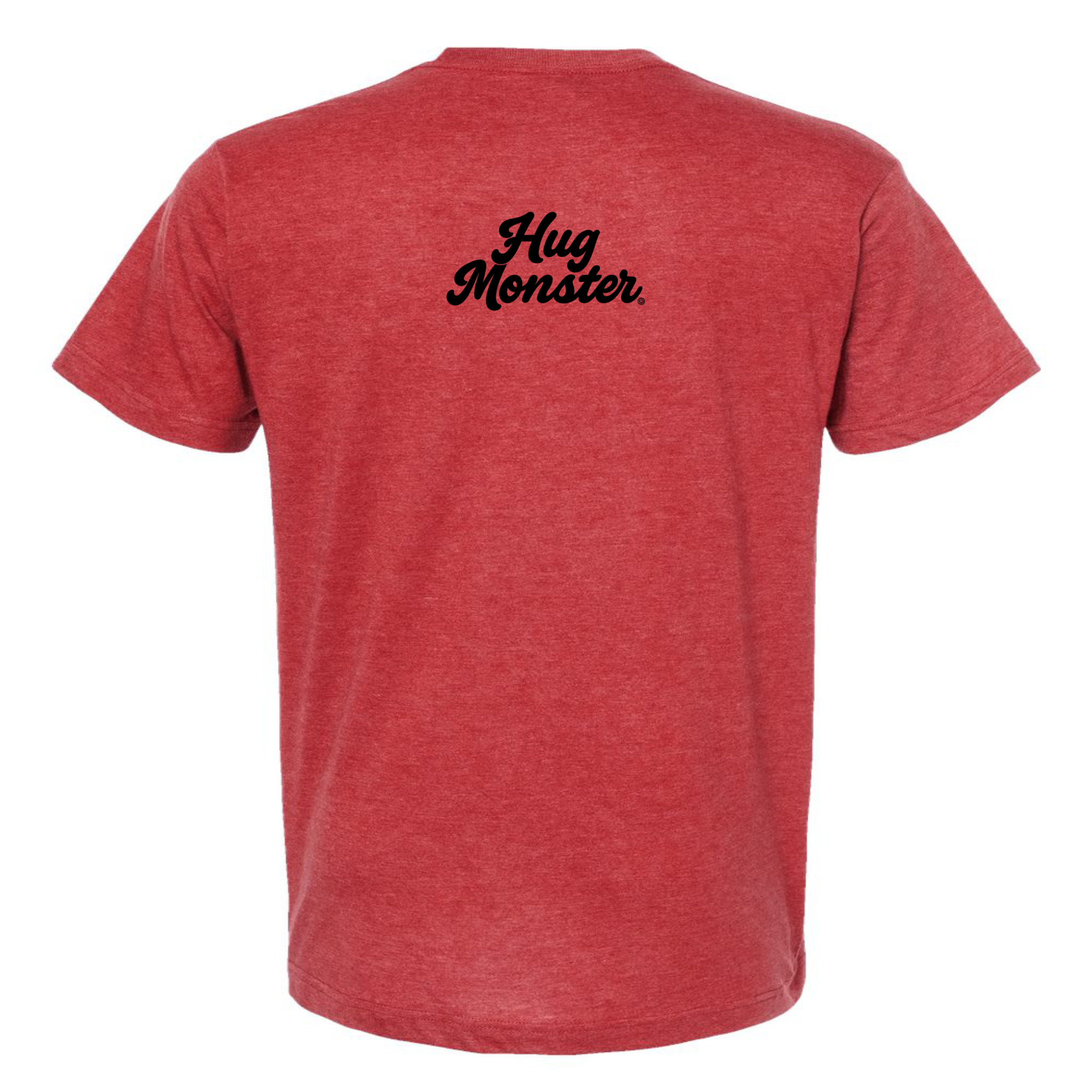 Hug Monster Original Classic Cursive (Black Logo) T-Shirt - Positive Message Graphic Tee in Heather Scarlet Red – Back View