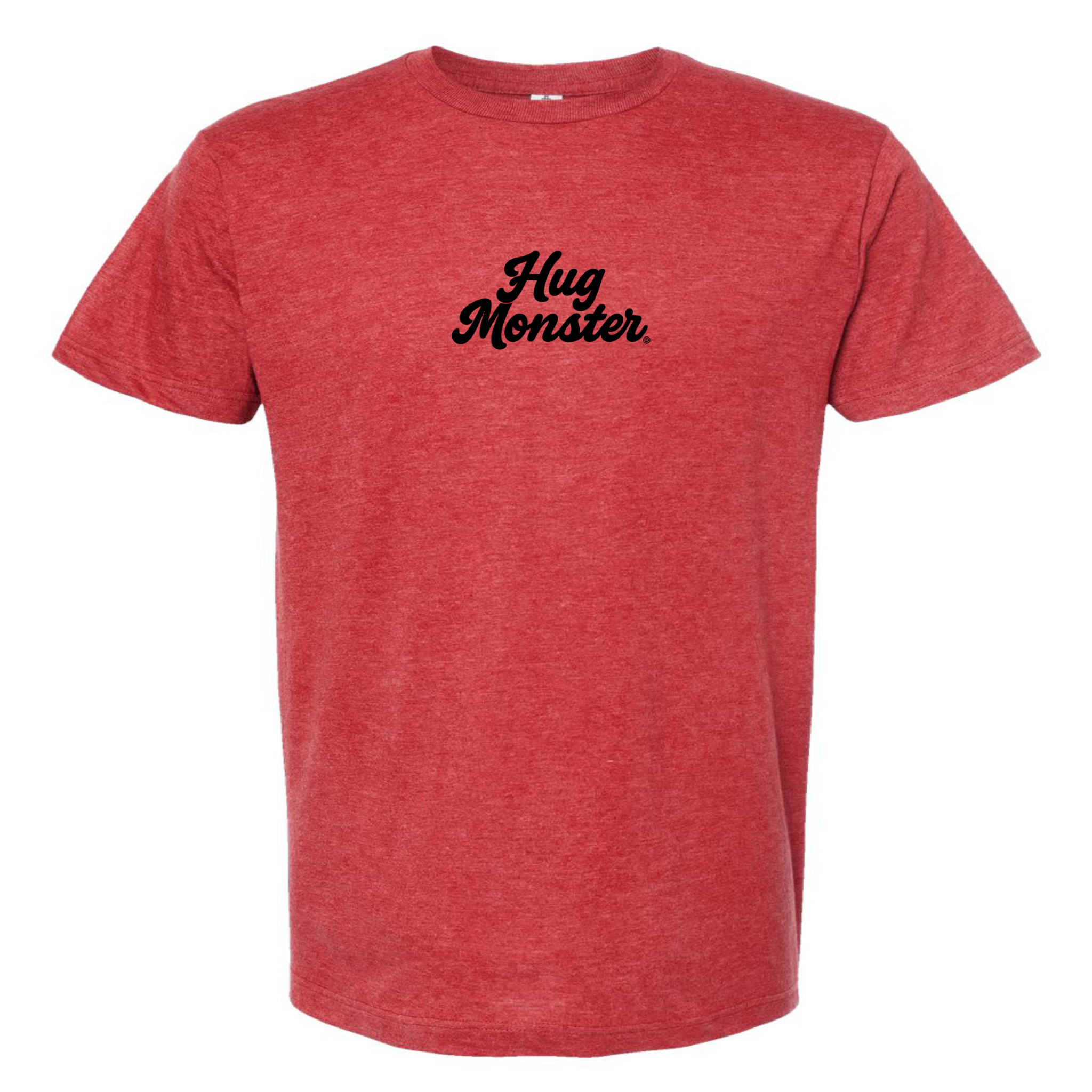 Hug Monster Original Classic Cursive (Black Logo) T-Shirt - Positive Message Graphic Tee in Heather Scarlet Red – Front View