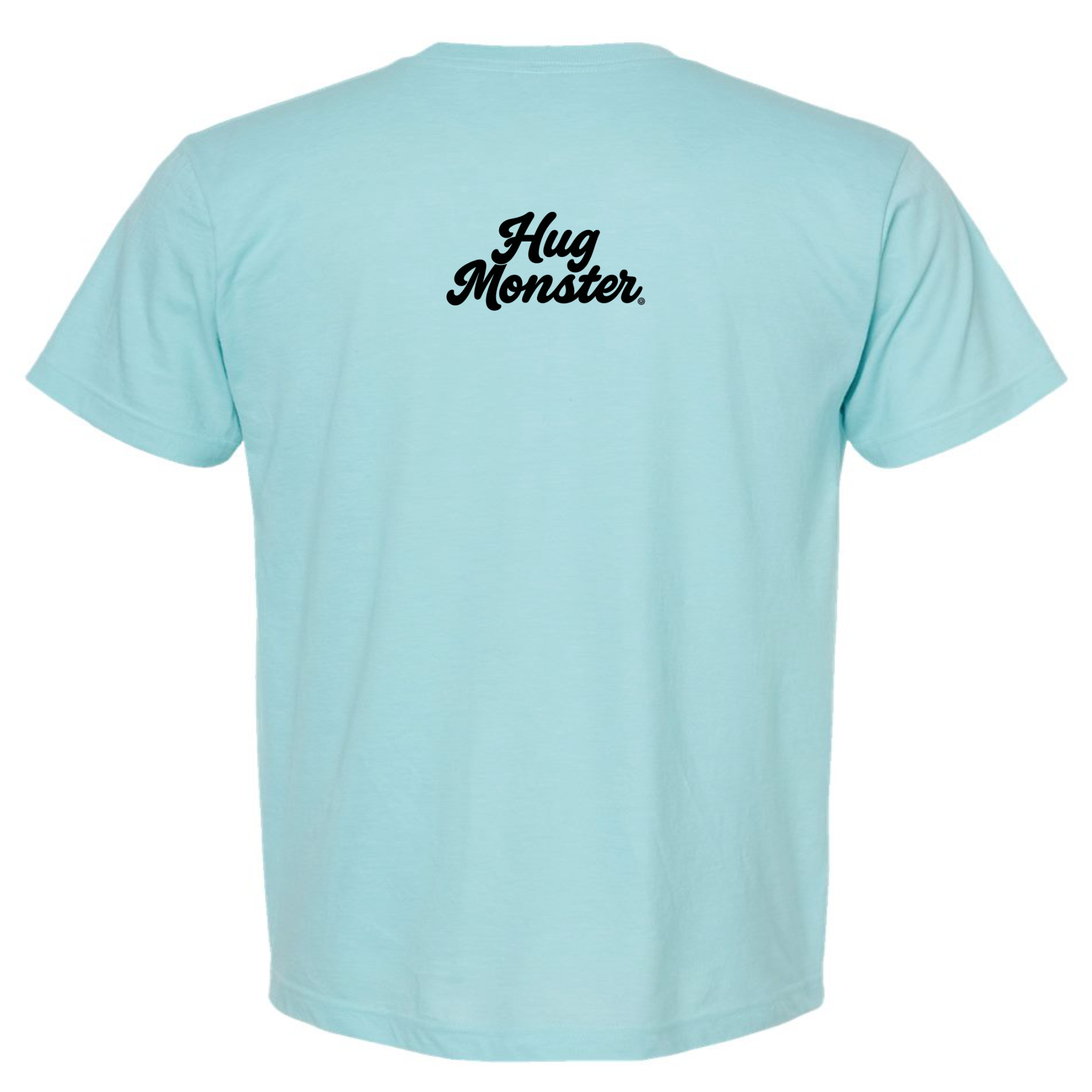 Hug Monster Original Classic Cursive (Black Logo) T-Shirt - Positive Message Graphic Tee in Heather Turquoise – Back View