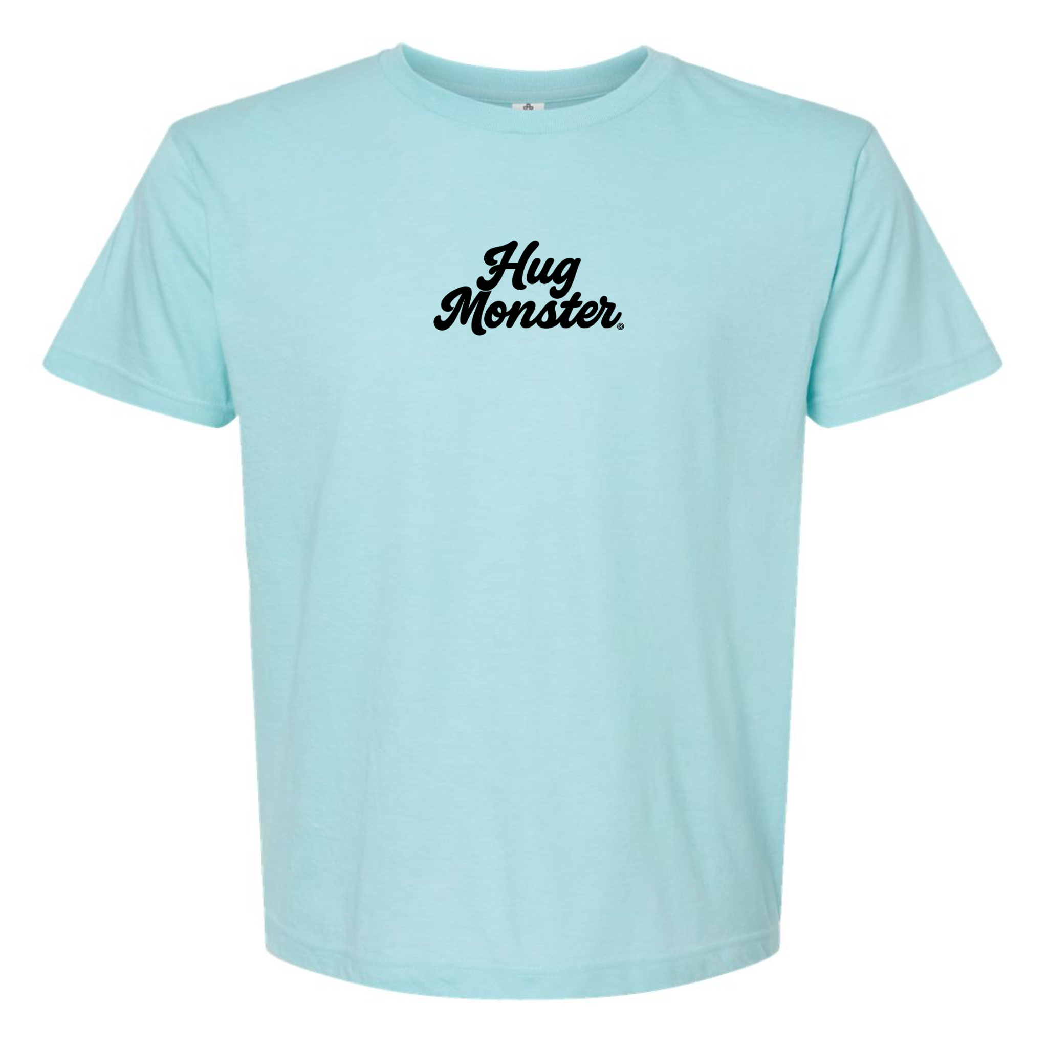 Hug Monster Original Classic Cursive (Black Logo) T-Shirt - Positive Message Graphic Tee in Heather Turquoise – Front View