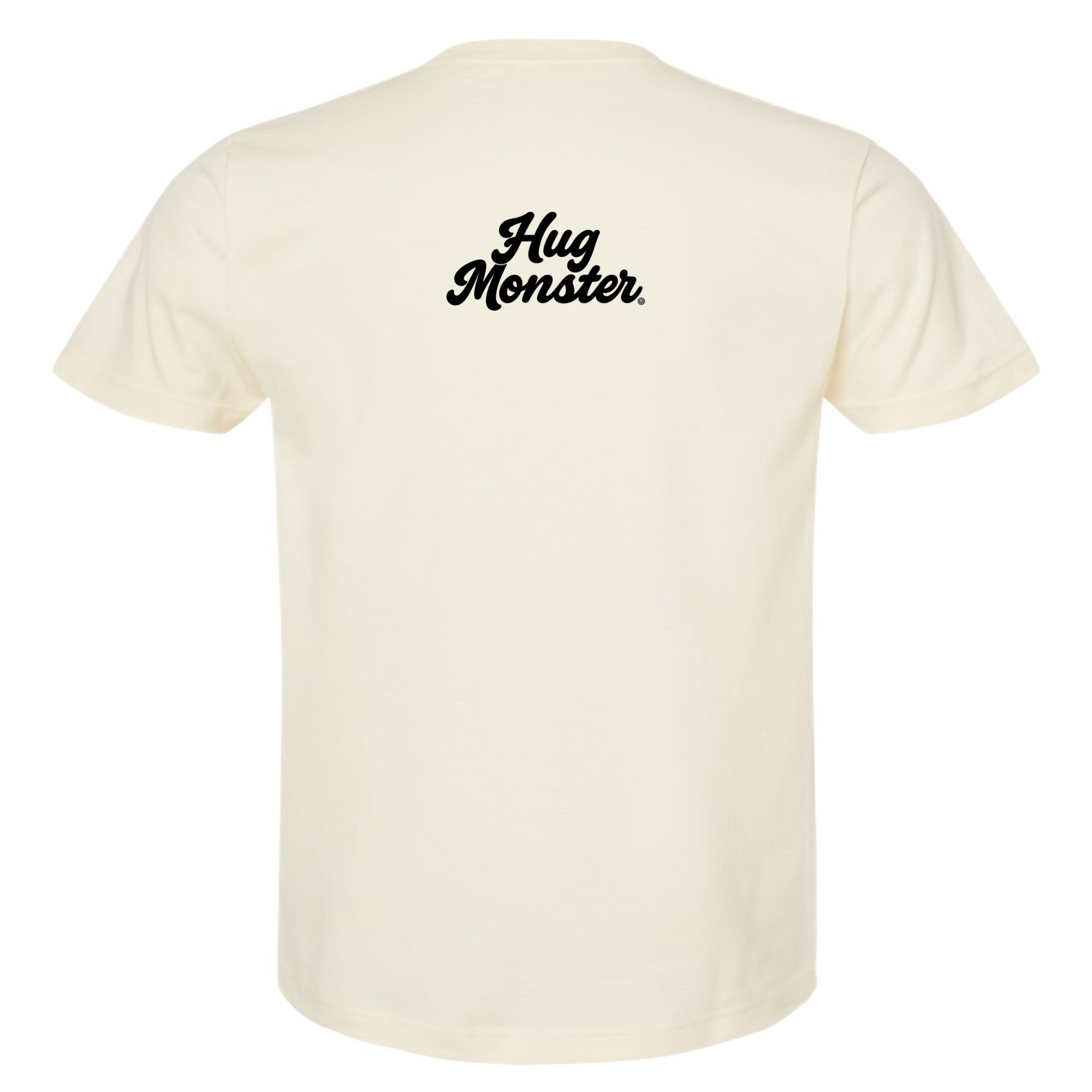 Hug Monster Original Classic Cursive (Black Logo) T-Shirt - Positive Message Graphic Tee in Natural – Back View