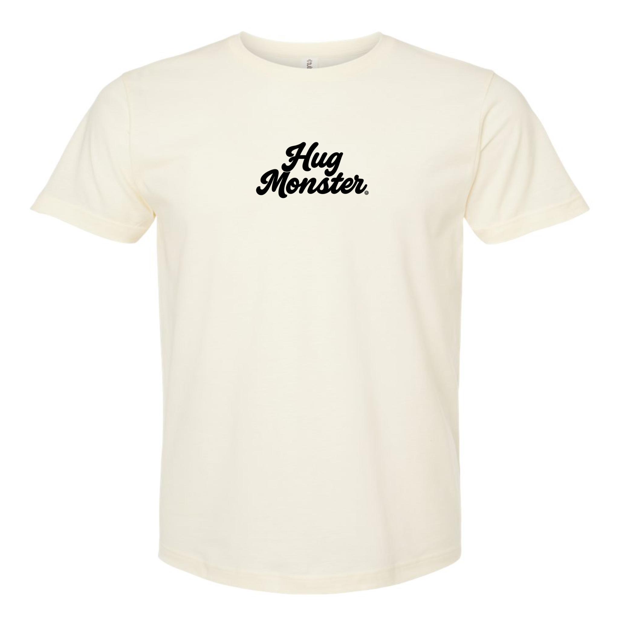 Hug Monster Original Classic Cursive (Black Logo) T-Shirt - Positive Message Graphic Tee in Natural – Front View