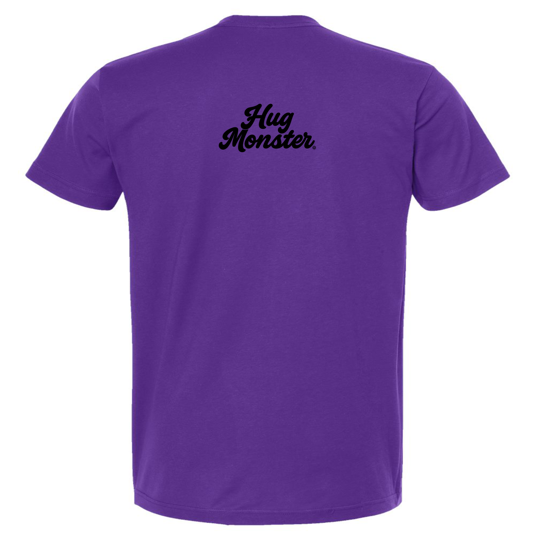 Hug Monster Original Classic Cursive (Black Logo) T-Shirt - Positive Message Graphic Tee in Purple – Back View