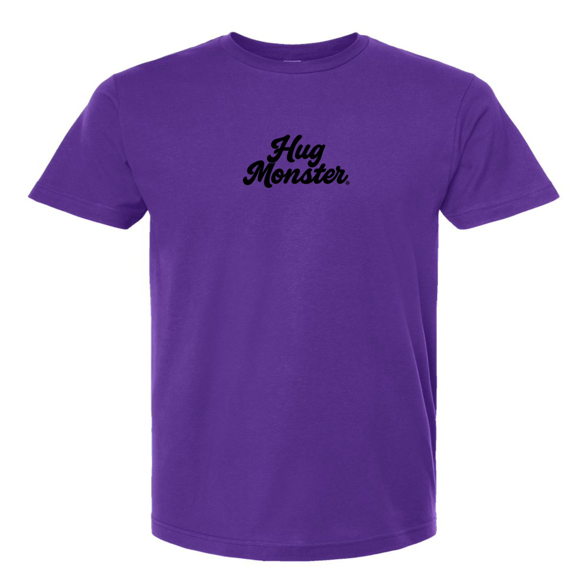 Hug Monster Original Classic Cursive (Black Logo) T-Shirt - Positive Message Graphic Tee in Purple – Front View