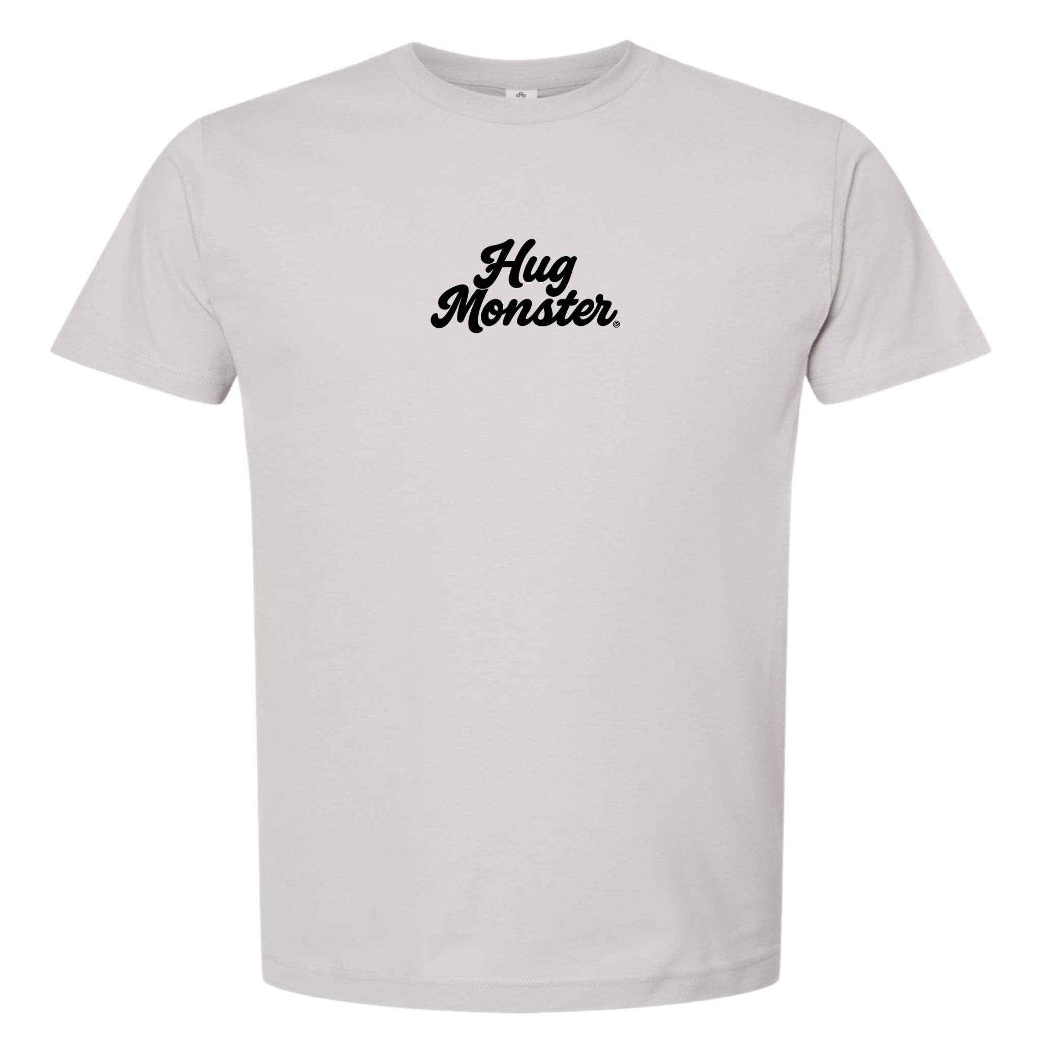 Hug Monster Original Classic Cursive (Black Logo) T-Shirt - Positive Message Graphic Tee in Silver – Front View
