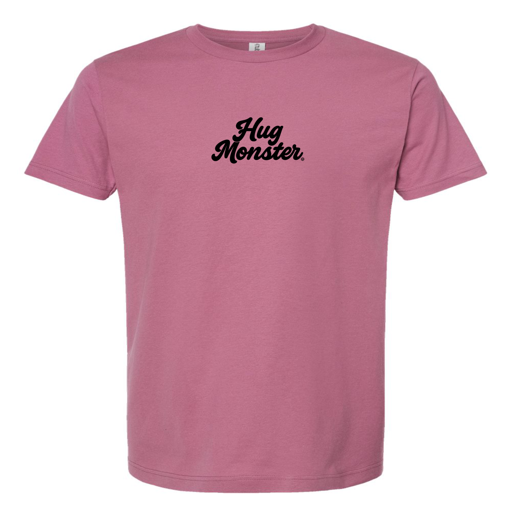 Hug Monster Original Classic Cursive (Black Logo) T-Shirt - Positive Message Graphic Tee in Soft Dusty Rose Pink – Front View